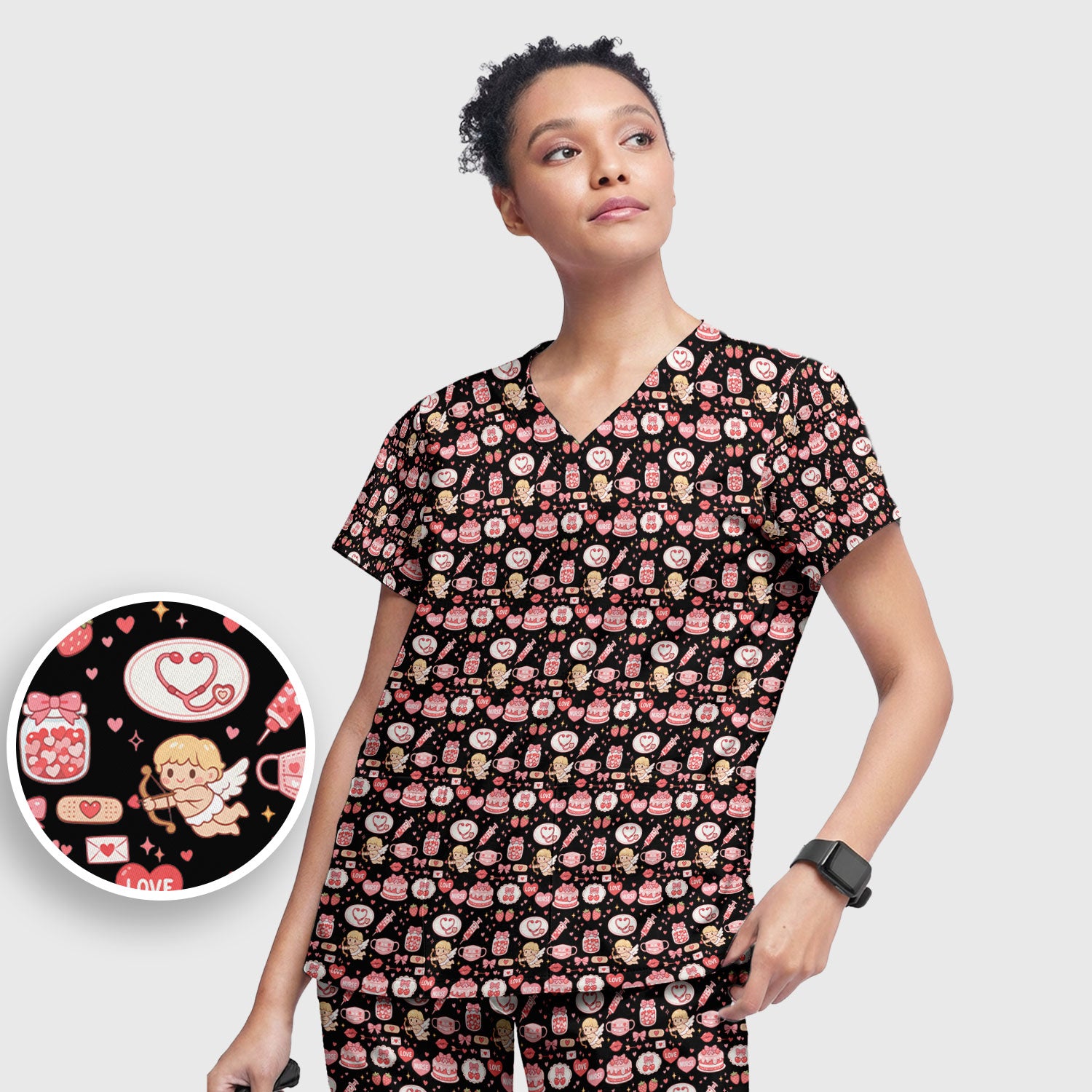 Cupid Nurse Scrub Set, Cute Love Medical Pattern Shirt For Valentine, Breathable Fabrics Nursing Uniform