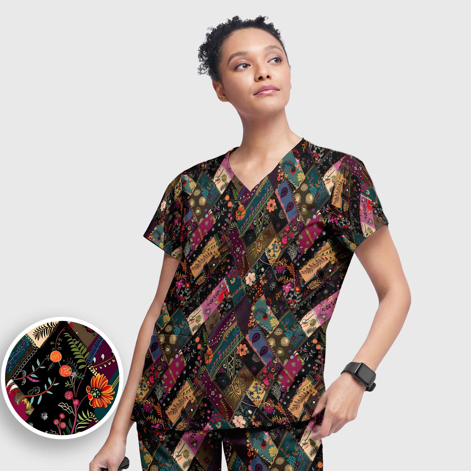 Colorful Bohemian Floral Patchwork Scrub Set, Scrub Pants and V Neck Top