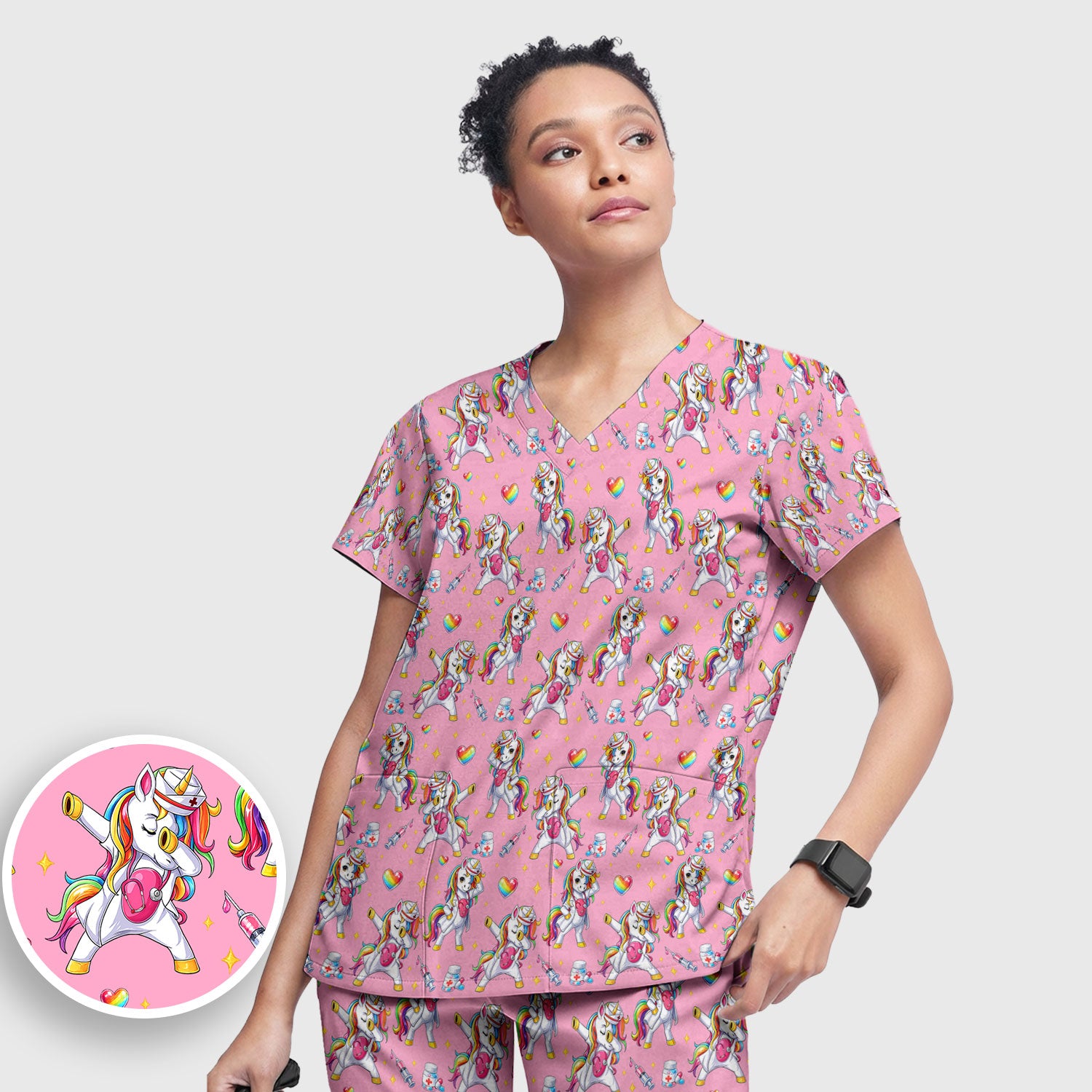 Playful Nurse Unicorn Rainbow Pattern Scrub Set, Breathable Med Uniform