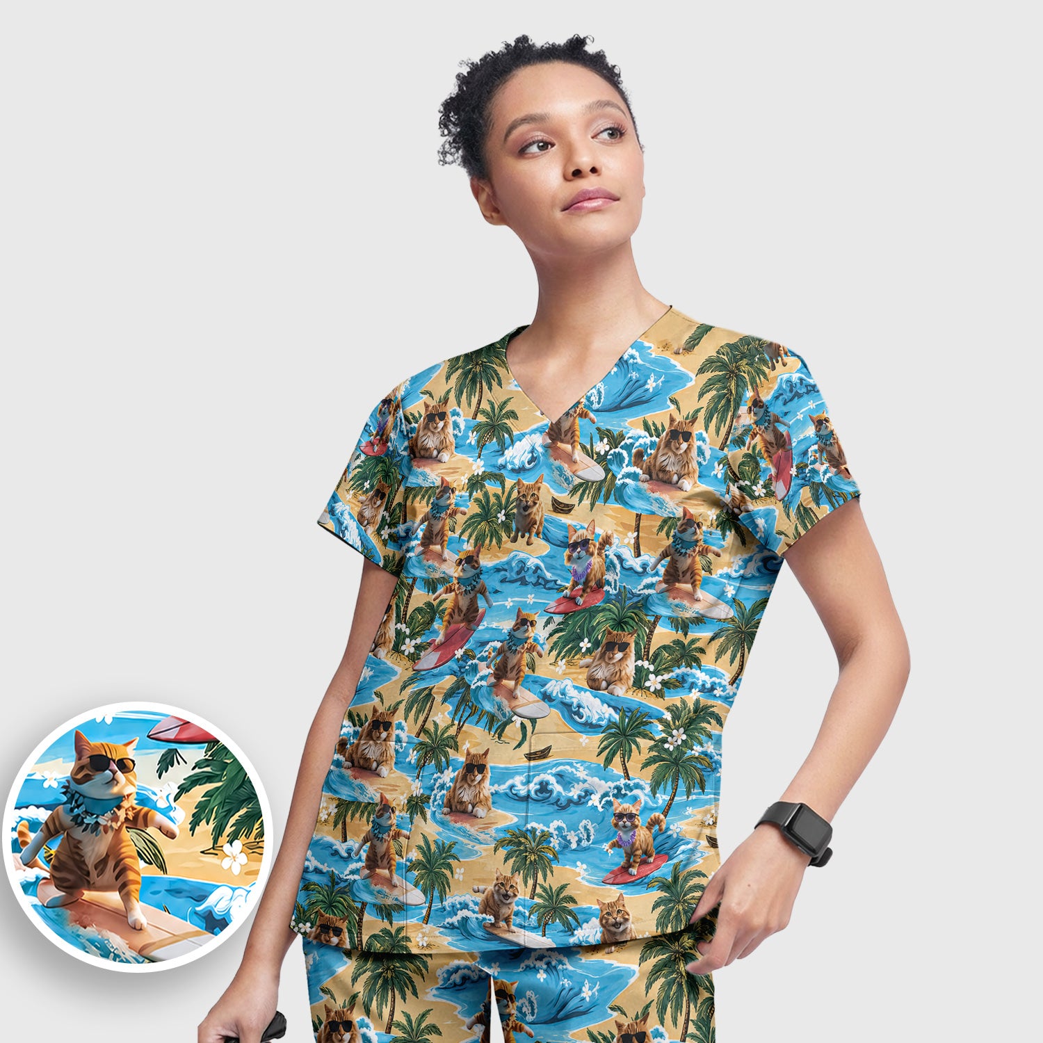 Tropical Surfing Cat with Beach Wave Island Print Scrub Set, Scrub Pants and V Neck Top