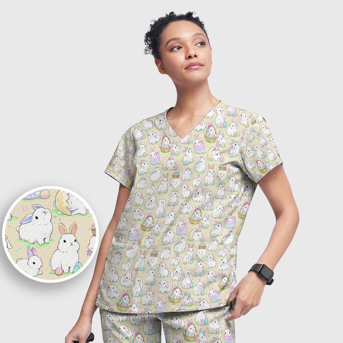 Cute Easter Bunny Egg Pattern Print Scrub Set, Scrub Pants and V Neck Top