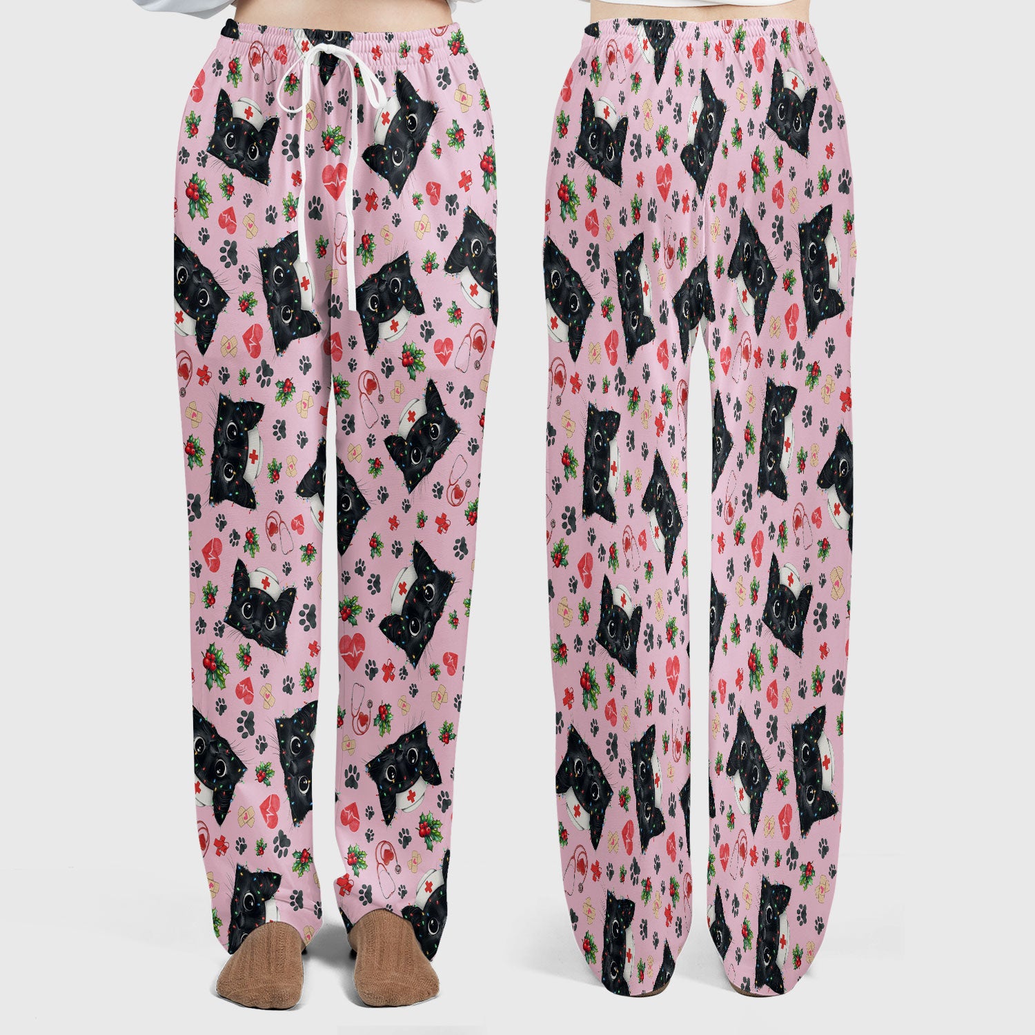 Funny Cats Scrub Set for Nurses - Black Kittens Christmas Scrubs Pants and V Neck Top - Jolly Medical Uniform Gift for RN CNA LPN