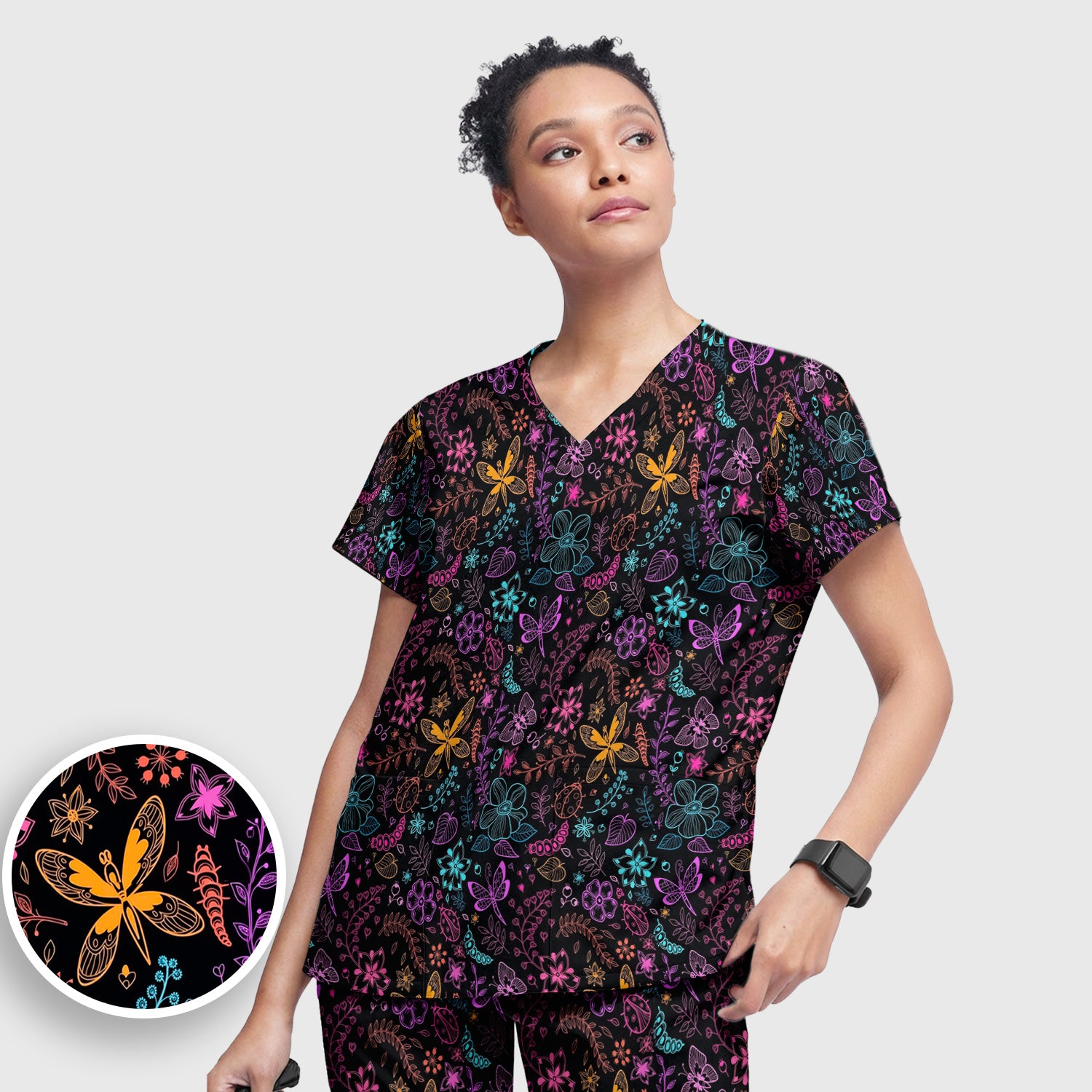 Neon Butterfly and Floral Garden Pattern Scrub Set, Scrub Pants and V Neck Top