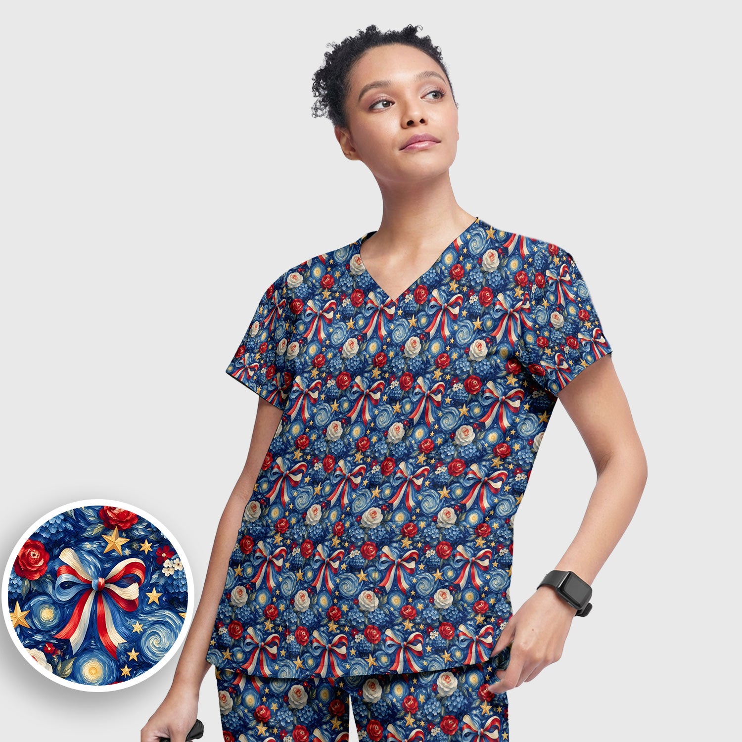 Patriotic Starry Bow Nurse for RN, CNA, Healthcare Workers Scrub Set, Scrub Pants and V Neck Top