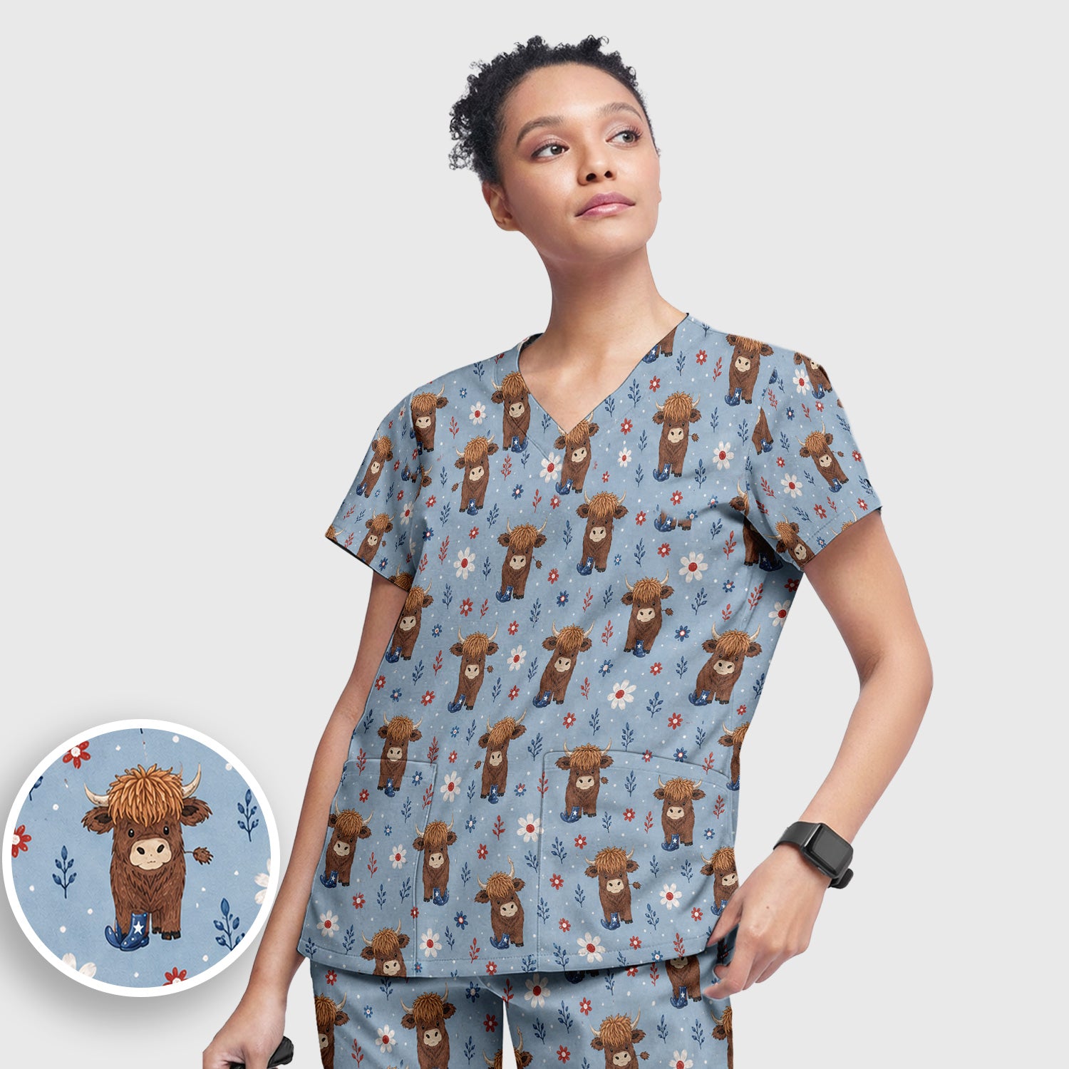 Floral Cowboy Boots Pattern Scrub Set, Scrub Pants and V Neck Top