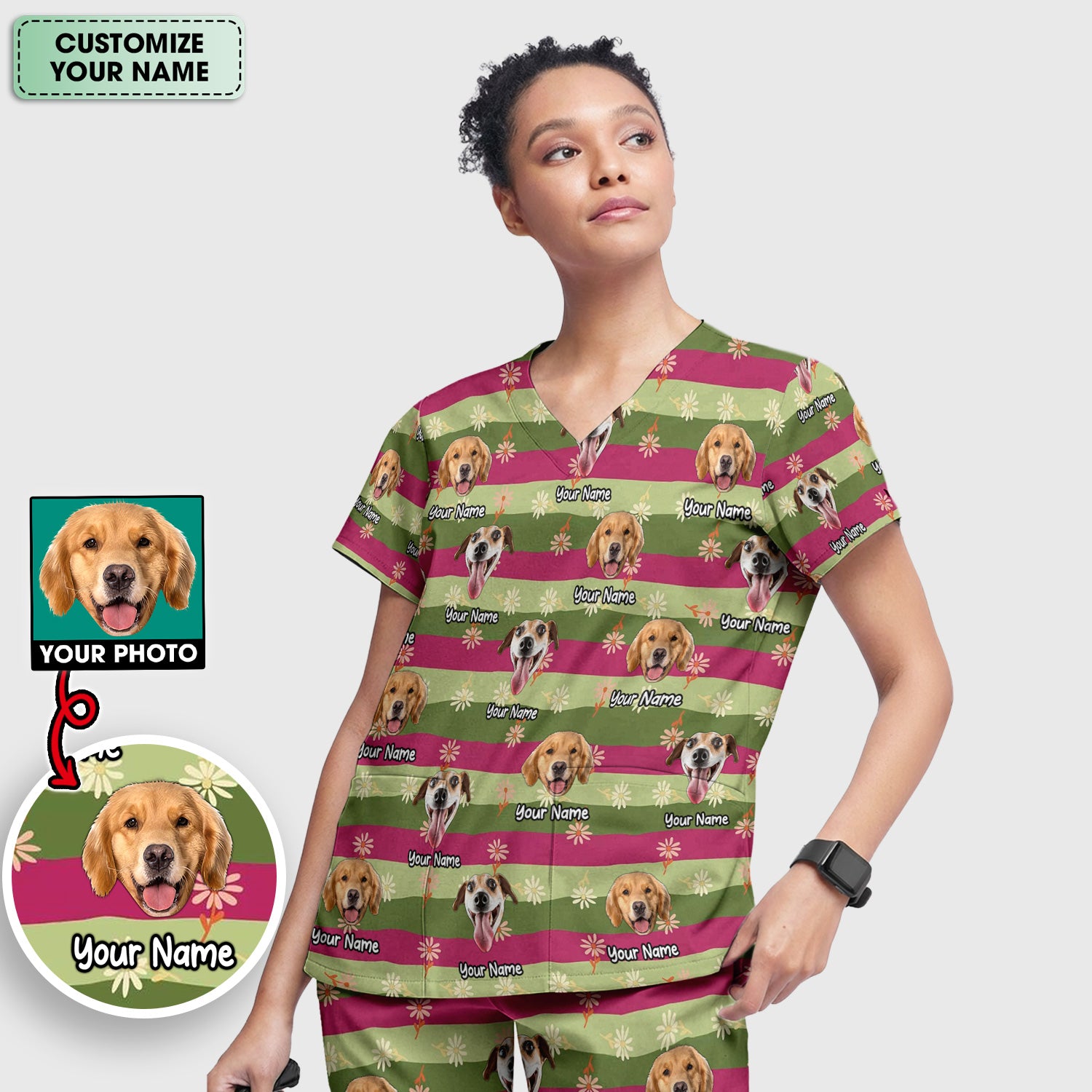 Personalized Floral Dog Portrait With Spring Stripes Pattern Scrub Set, Scrub Pants and V Neck Top
