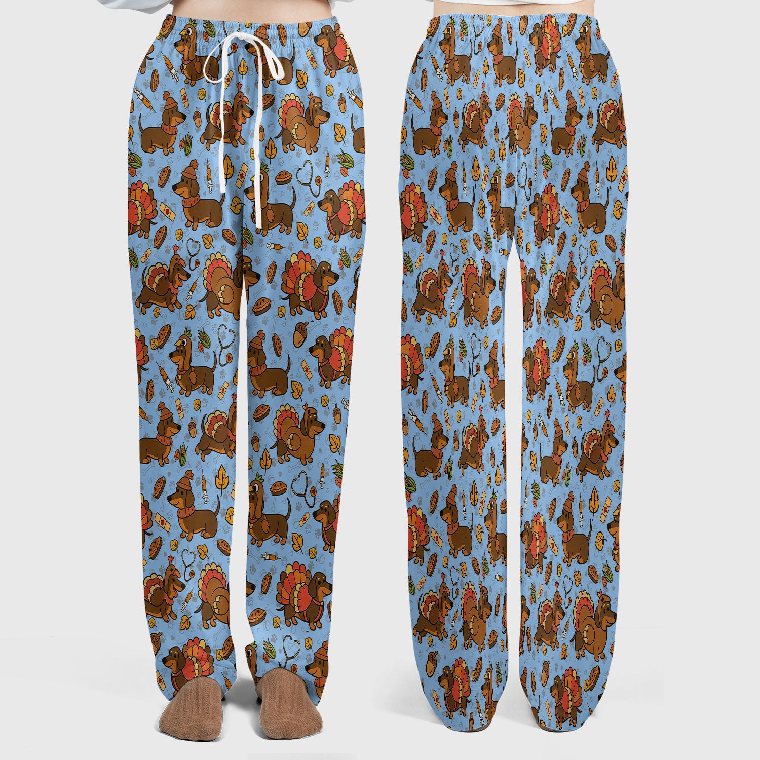 Thanksgiving Wiener Dog Scrub Set - Funny Dachshund Turkey Scrubs Pants and V Neck Top - Fall Winter Gift for Women