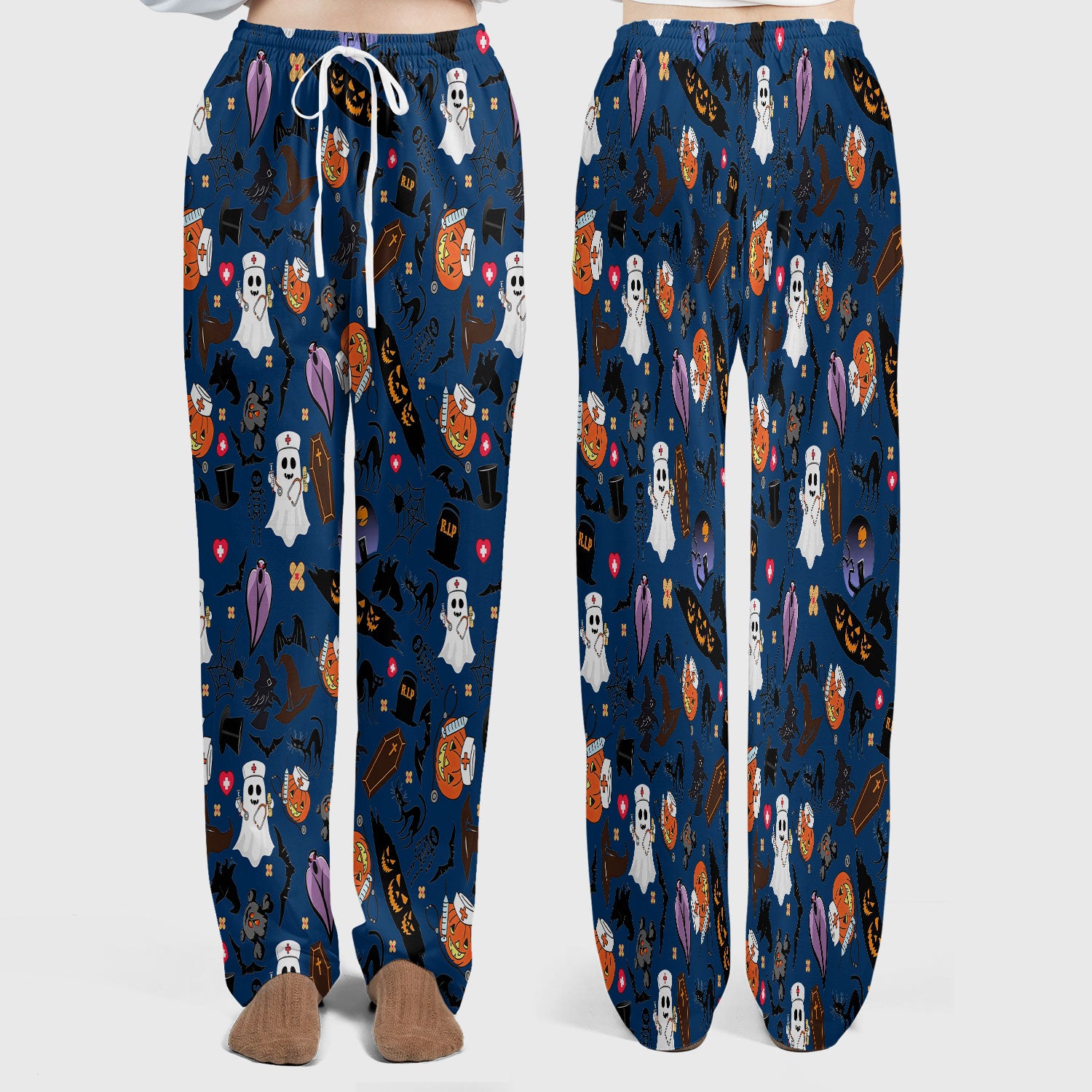 Spooky Halloween Scrub Set - Pumpkin Ghost Bat Nurse Scrubs Pants and V Neck Top - Wicked Witch Medical Uniform for RN CNA LPN