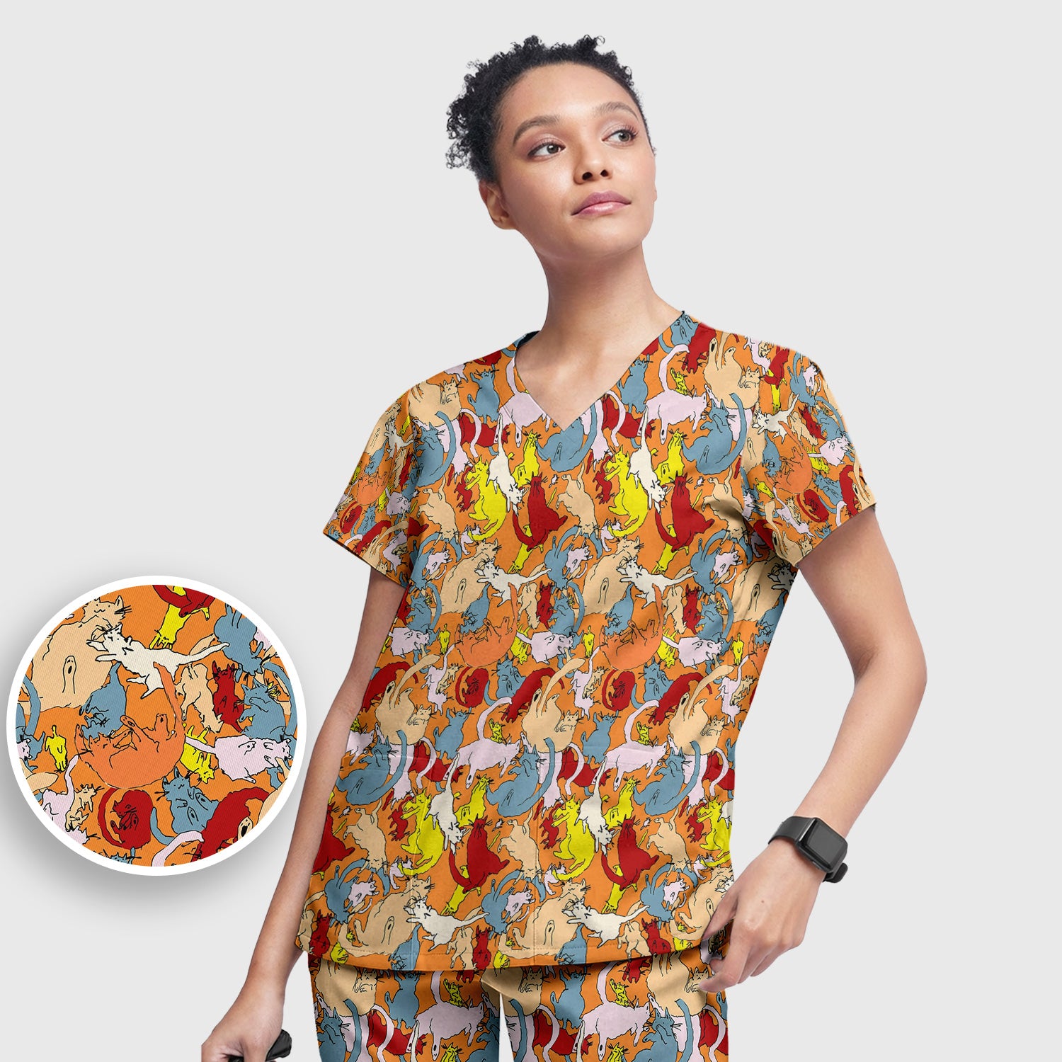 Colorful Cat Chaos Illustration Pattern Scrub Set, Scrub Pants and V Neck Top
