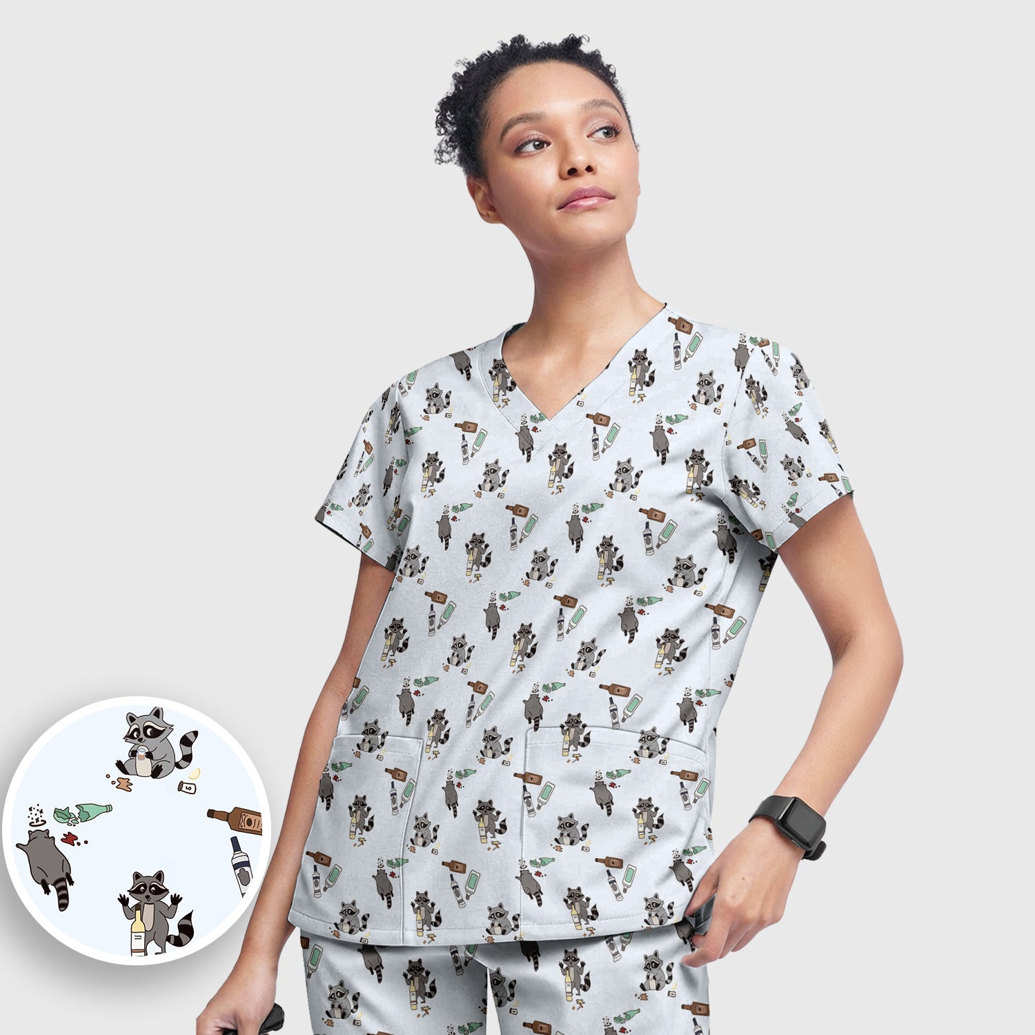 Messy Drunk Raccoon Pattern Scrub Set, Scrub Pants and V Neck Top