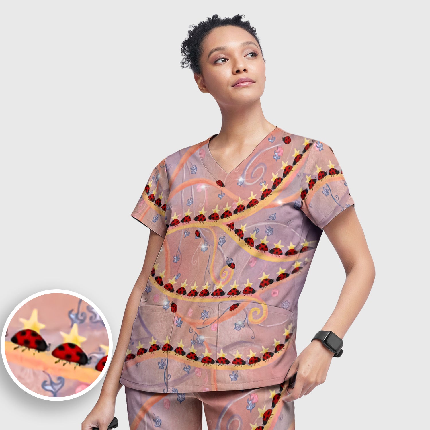 Cute Ladybug Star Vine Swirl Pattern Scrub Set, Scrub Pants and V Neck Top