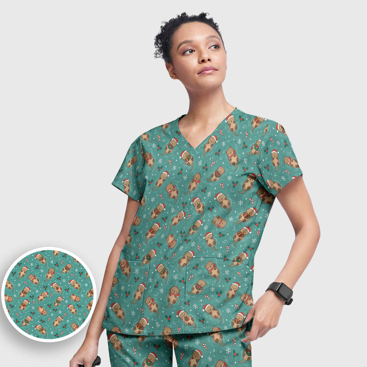 Christmas Sea Otters And Gifts Scrub Set, Scrub Pants and V Neck Top