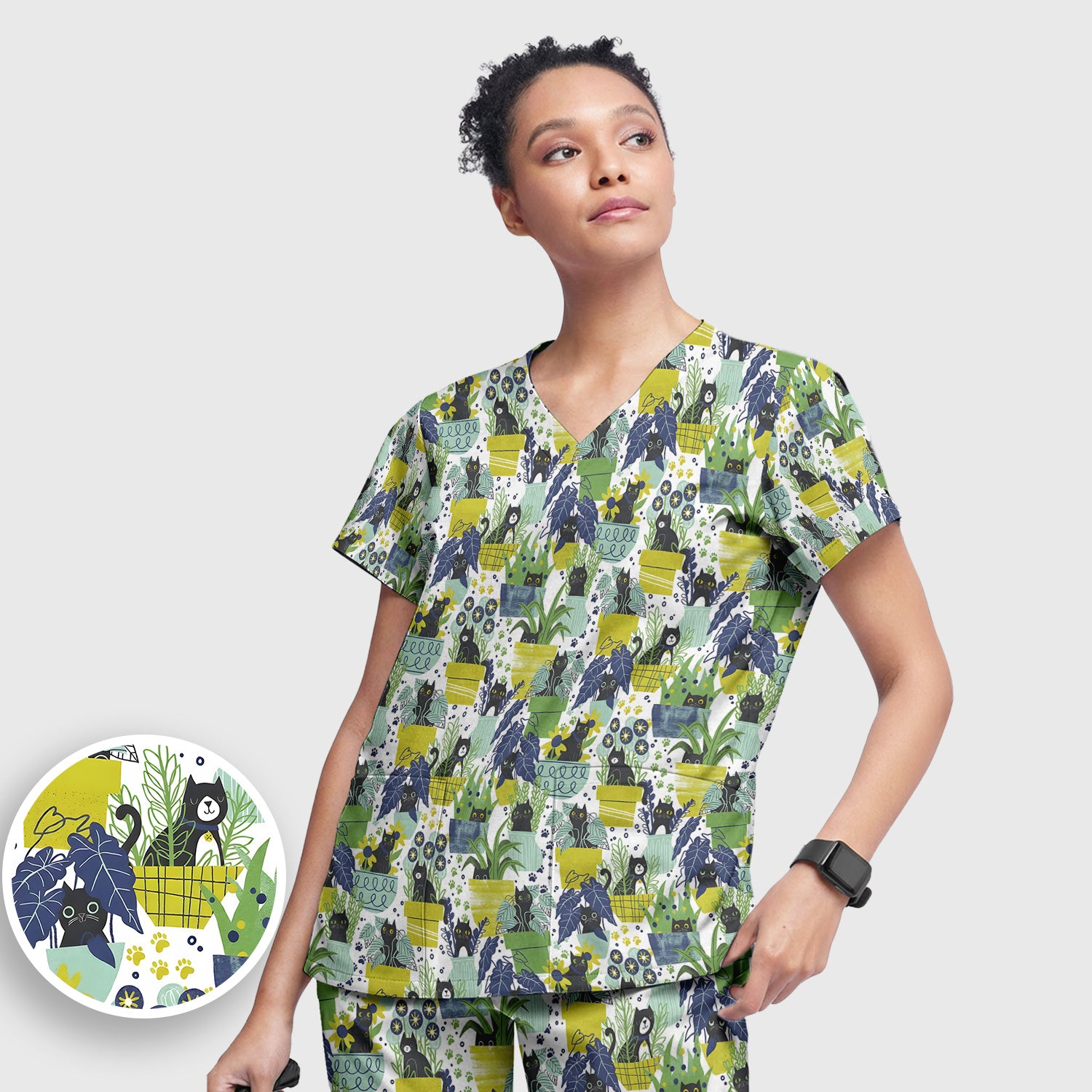 Black Cat Planter Garden Pattern Scrub Set, Scrub Pants and V Neck Top