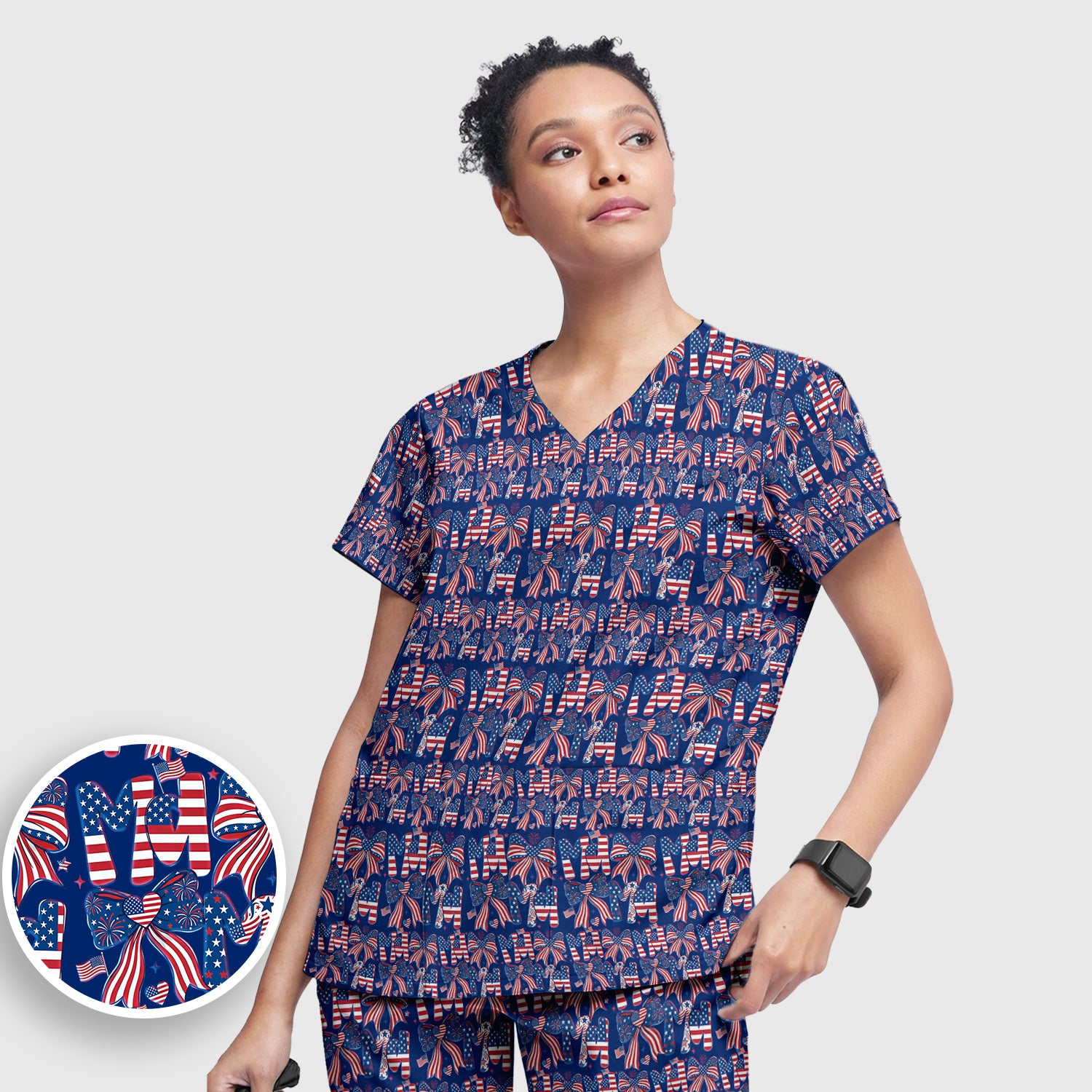 American Flag MaMa Bow Pattern Scrub Set, Breathable Med Uniform