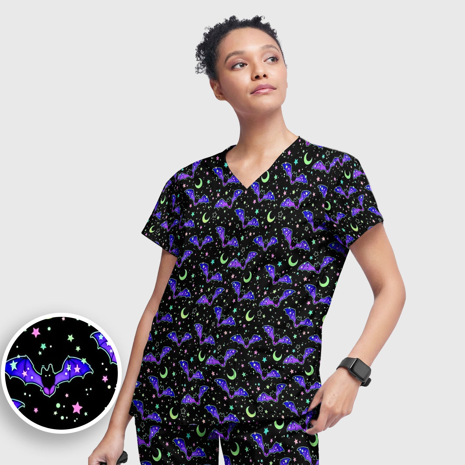 Spooky Halloween Celestial Bat Scrub Set, Scrub Pants and V Neck Top