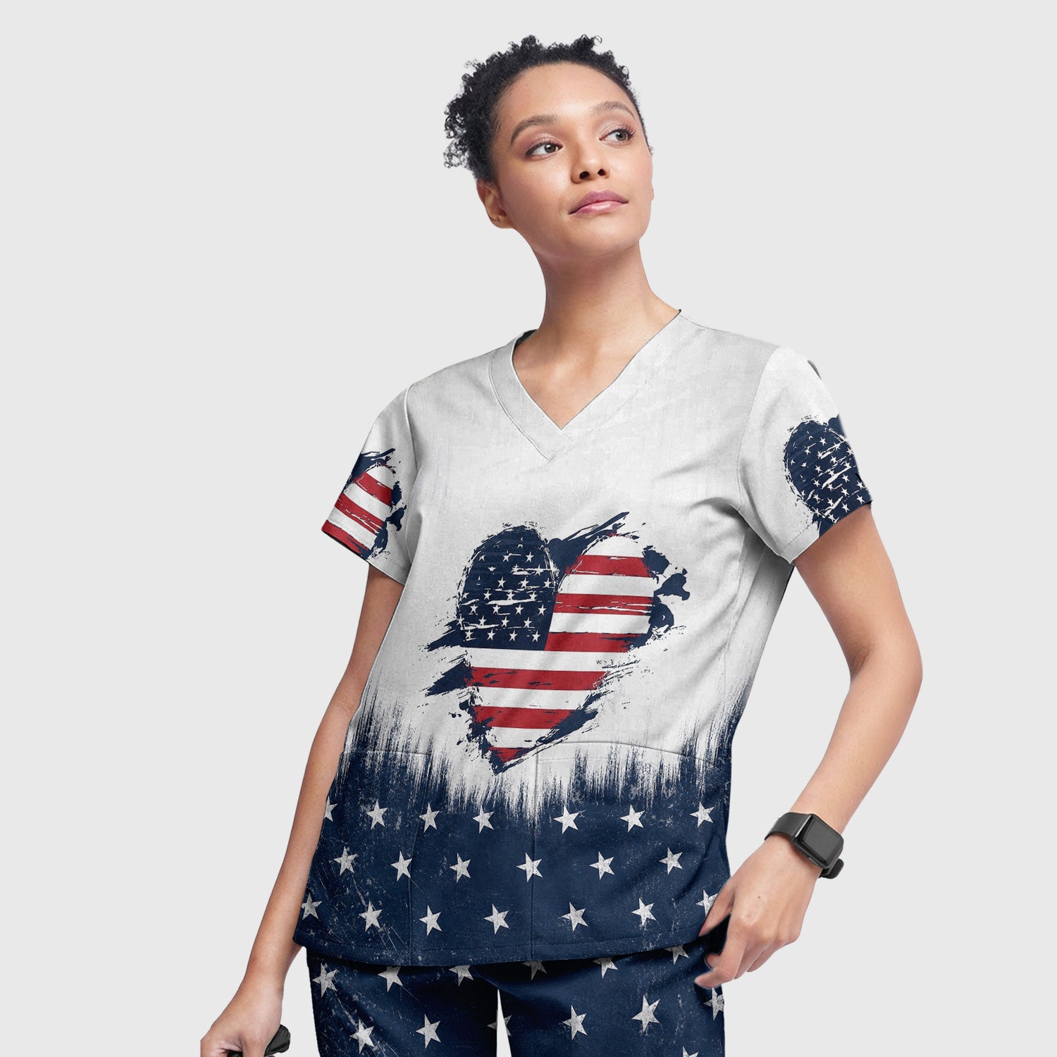 Patriotic Nurse Adorable Scrub Top USA Heart Pattern Scrub Set, Scrub Pants and V Neck Top