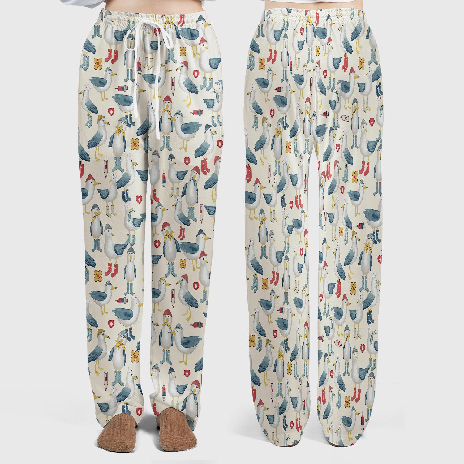 Funny Seagull Nurse Scrub Set - Cute Bird with Medical Icons Scrubs Pants and V Neck Top - Comfortable Scrubs for Women