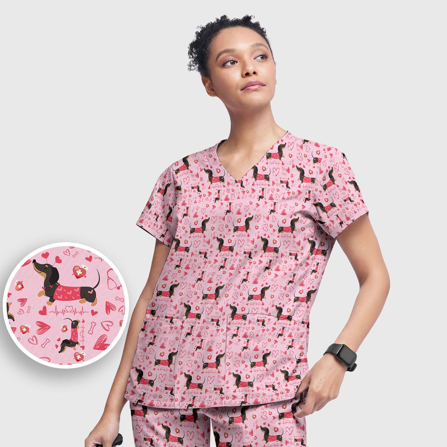 Dachshund Valentine Scrub Set, Cute Wiener Dog Heart Pattern Nurse Shirt, Breathable Fabrics Nursing Uniform
