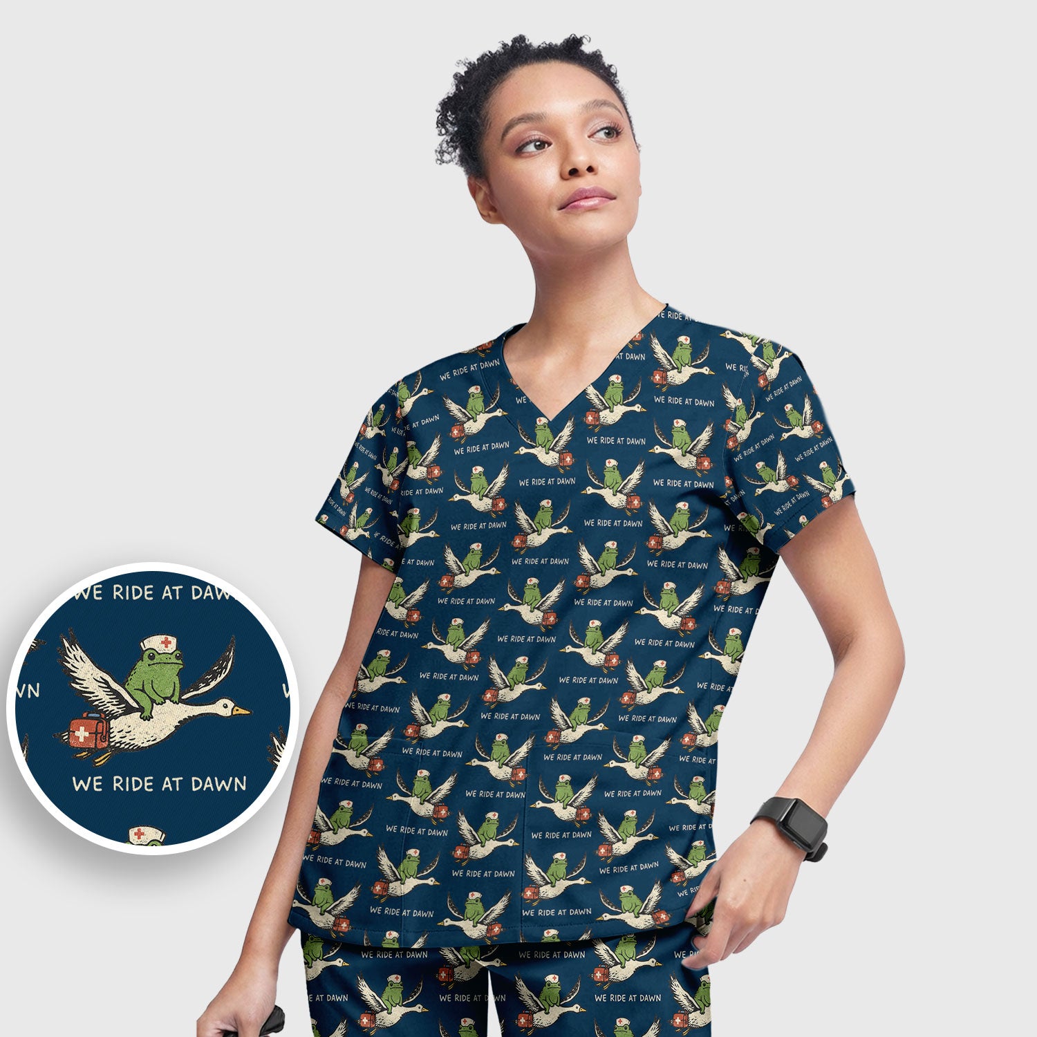 Funny Frog Riding Goose Nurse Pattern Scrub Set, Nurse Uniform Scrubs Set