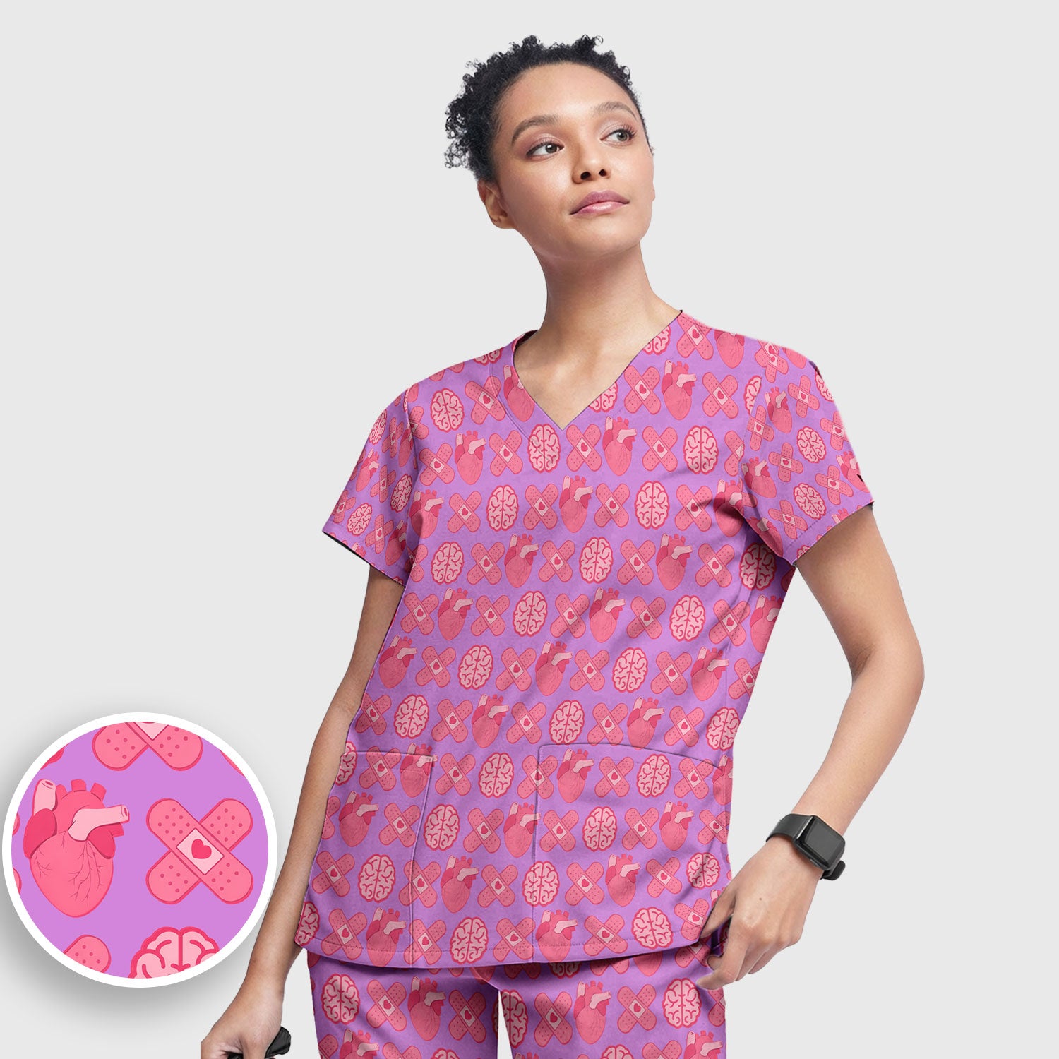 Heart & Brain Medical Icon Pattern Scrub Set, Scrub Pants and V Neck Top