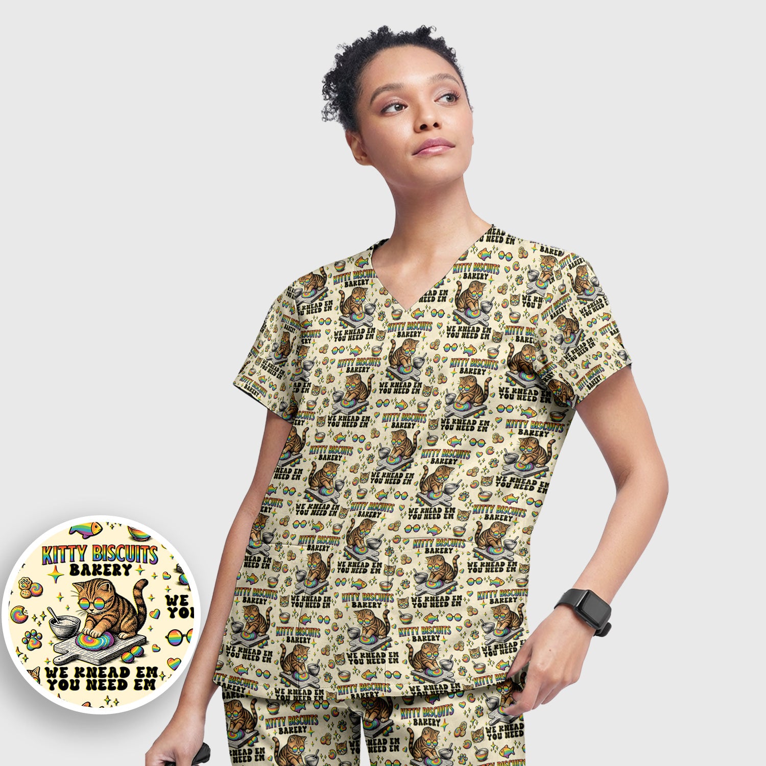 Pride Nurse Cat Baking Rainbow Dough Pattern Scrub Set, Women's Scrub Sets