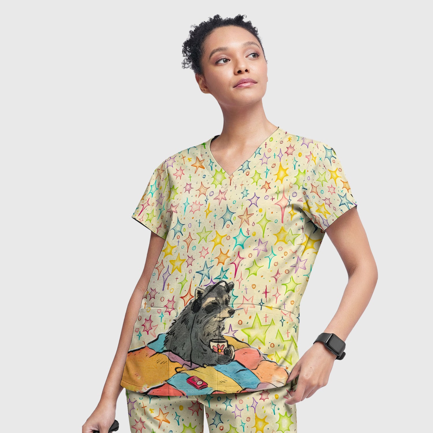 Chill Raccoon Starry Music Pattern Scrub Set, Scrub Pants and V Neck Top