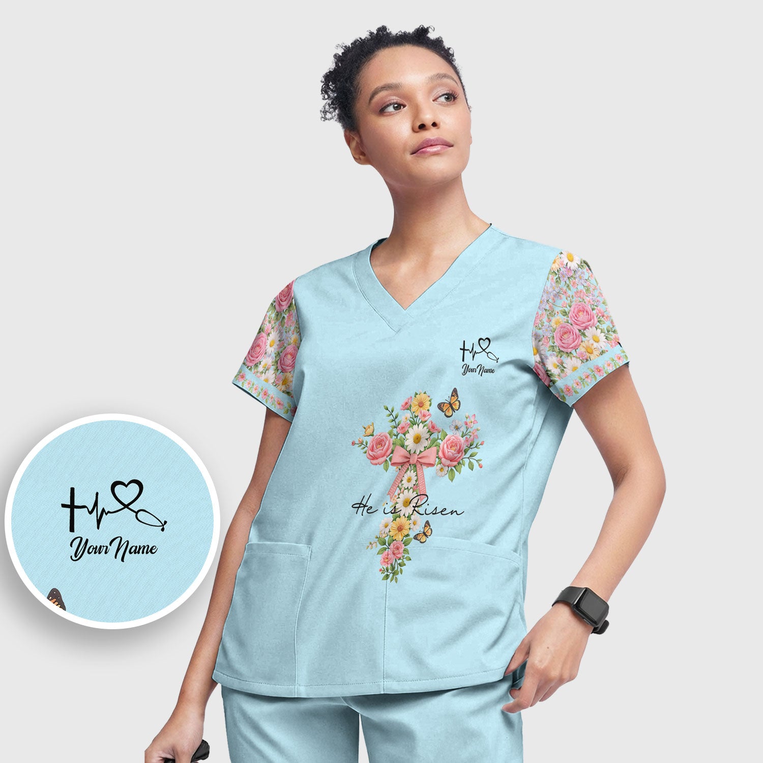 Personalized Meaningful Easter Nurse He Is Risen Floral Cross Bow Pattern Scrub Set, Women's Scrub Sets