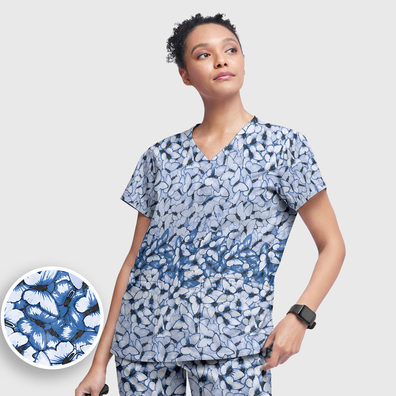Blue Butterfly Floral Pattern Scrub Set, Scrub Pants and V Neck Top