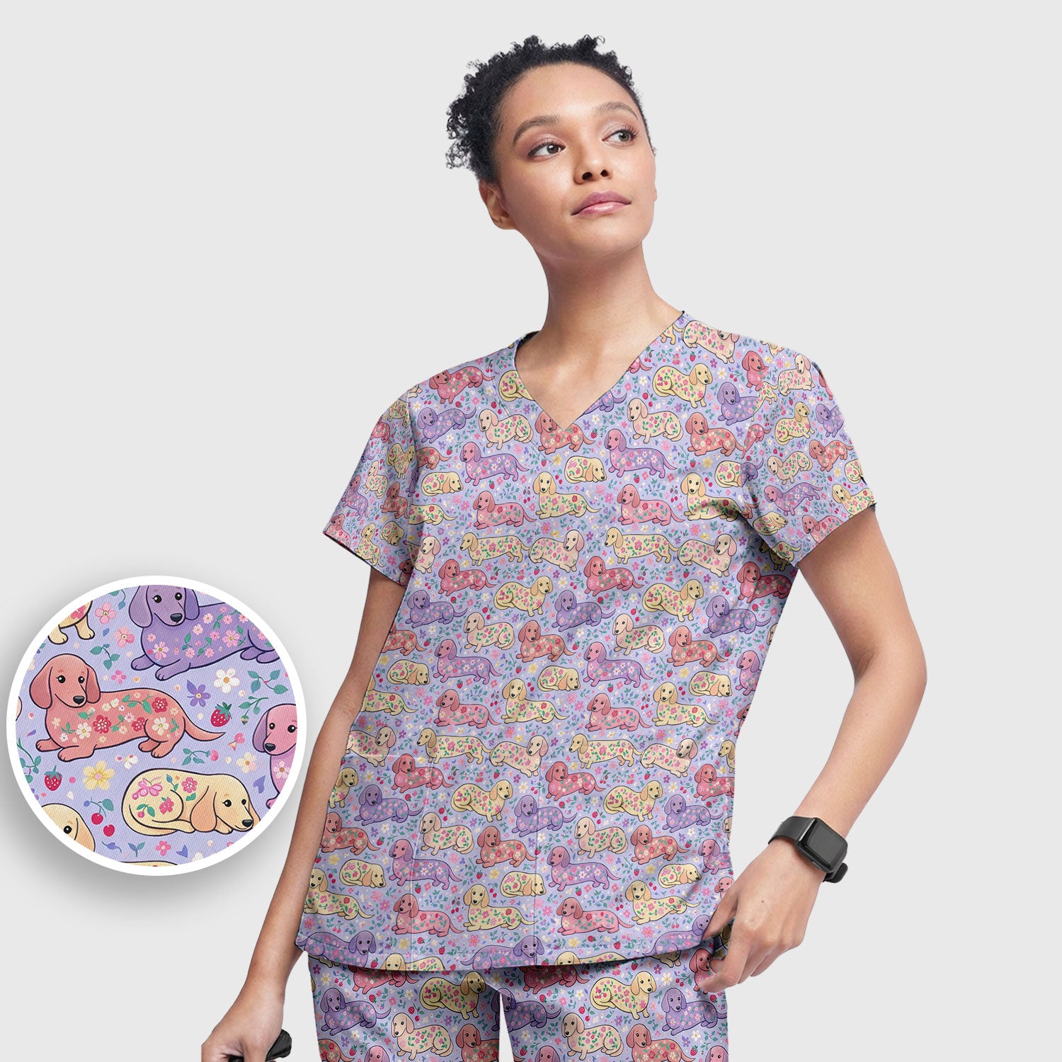 Cute Dachshund Floral Pattern Scrub Set, Scrub Pants and V Neck Top