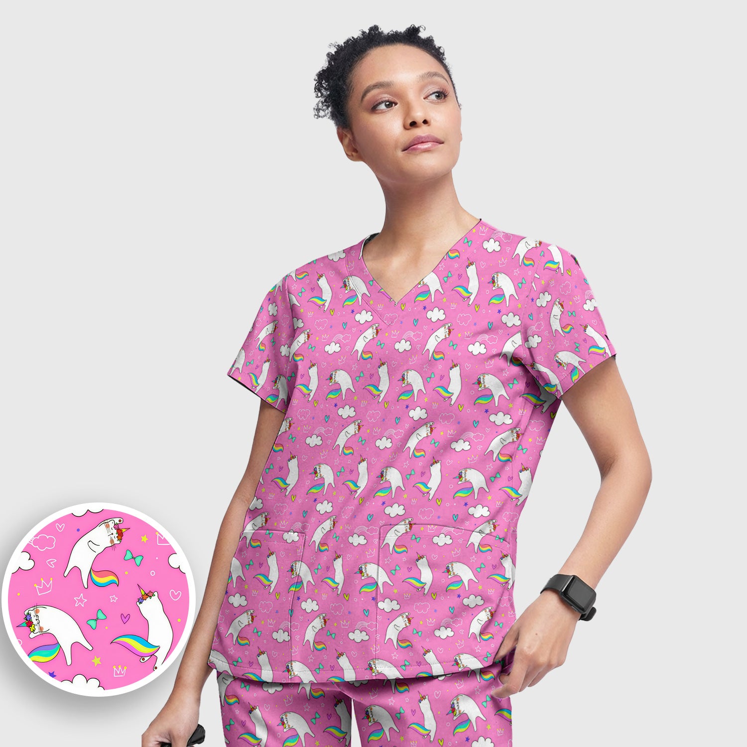 Unicorn Cat With Rainbow Tail Clouds Scrub Set, Scrub Pants and V Neck Top