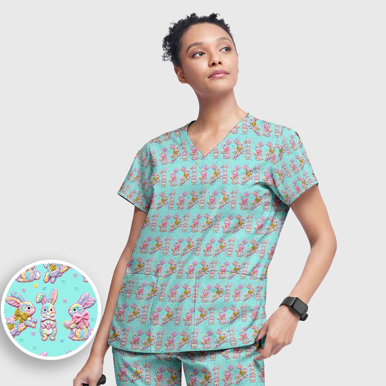 Cartoon Bunny All Over Print Set, Scrub Pants and V Neck Top