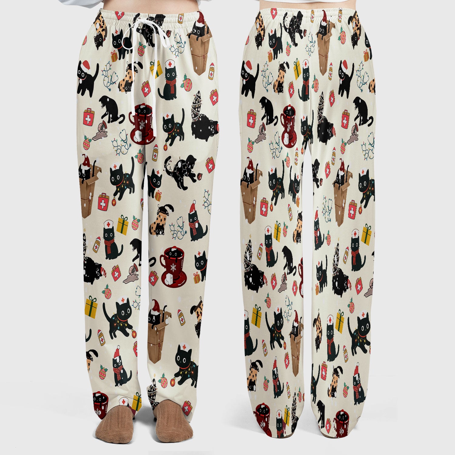Funny Cat Scrub Sets for Women - Christmas Black Cats Pants and V Neck Top - Breathable Fabrics Nursing Uniform