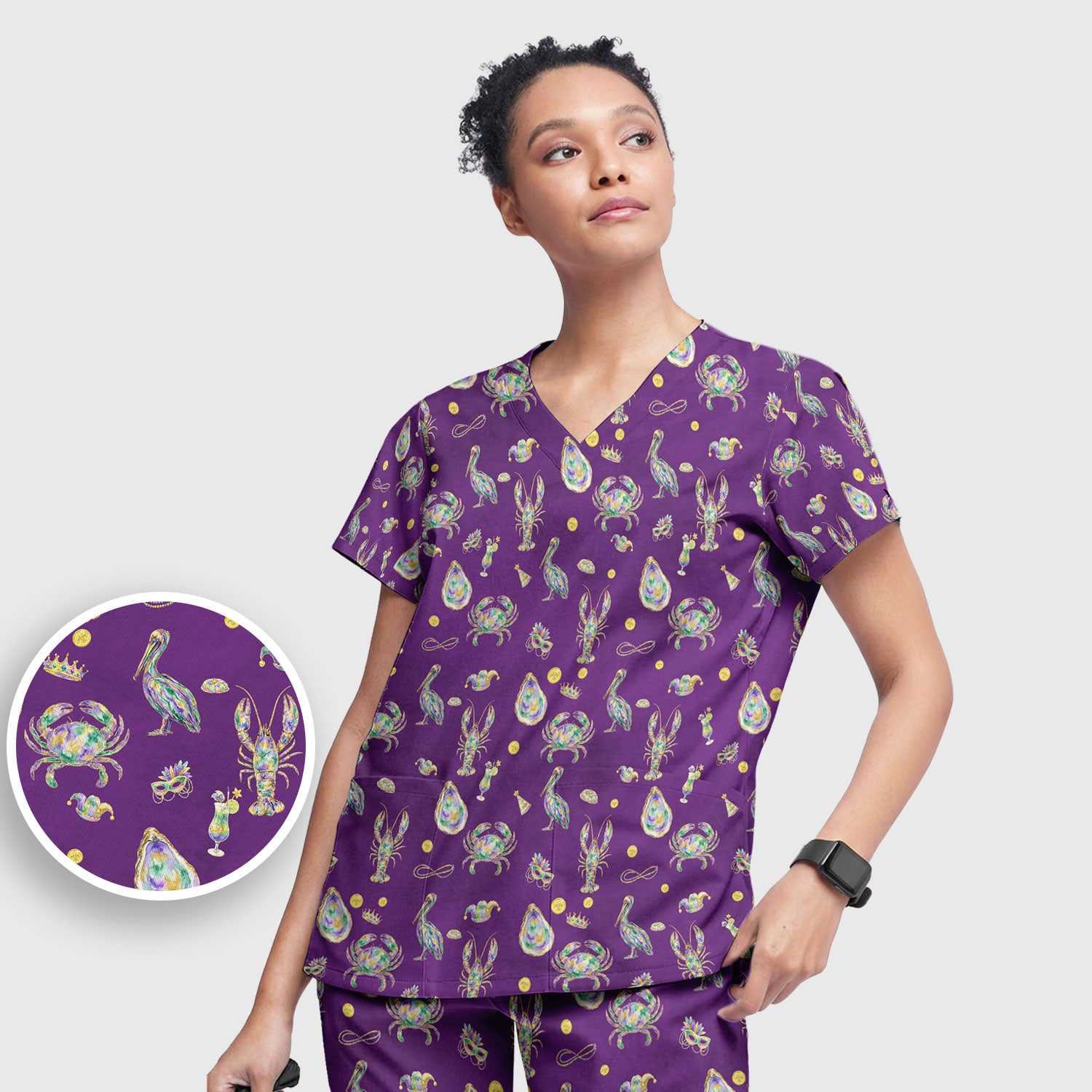 Mardi Gras Seafood Nurse Scrub Set, Comfortable Uniform Scrubs For Nursing