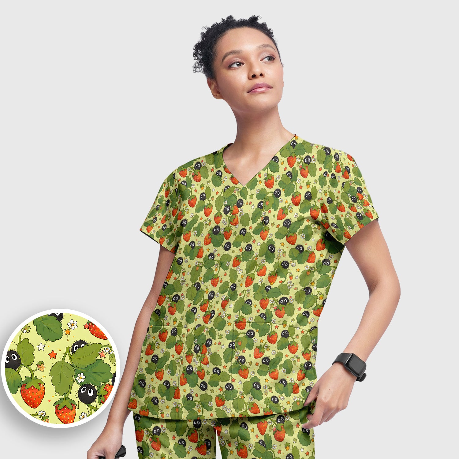 Cute Strawberry Soot Sprite Pattern Scrub Set, Scrub Pants and V Neck Top