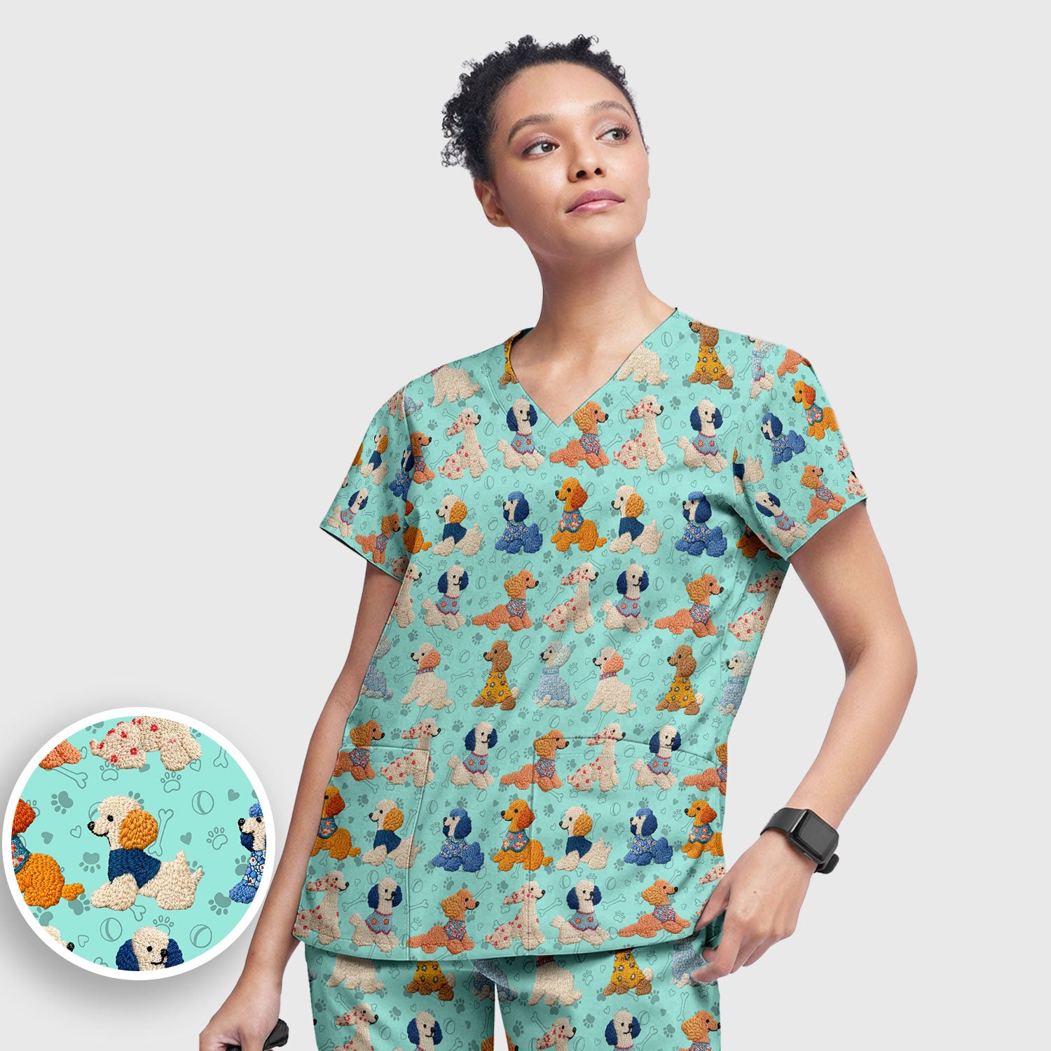 Cute Colorful Poodle Pattern Scrub Set, Scrub Pants and V Neck Top