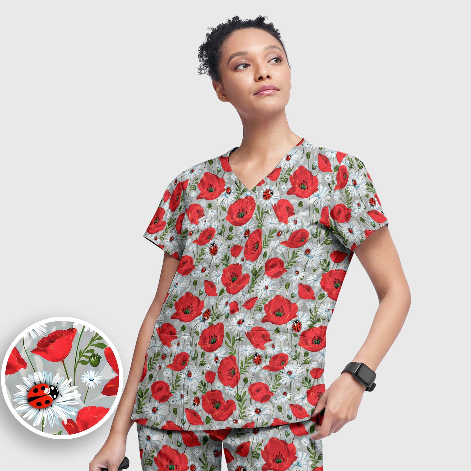 Cute Red Poppy Daisy Ladybug Floral Print Scrub Set, Scrub Pants and V Neck Top