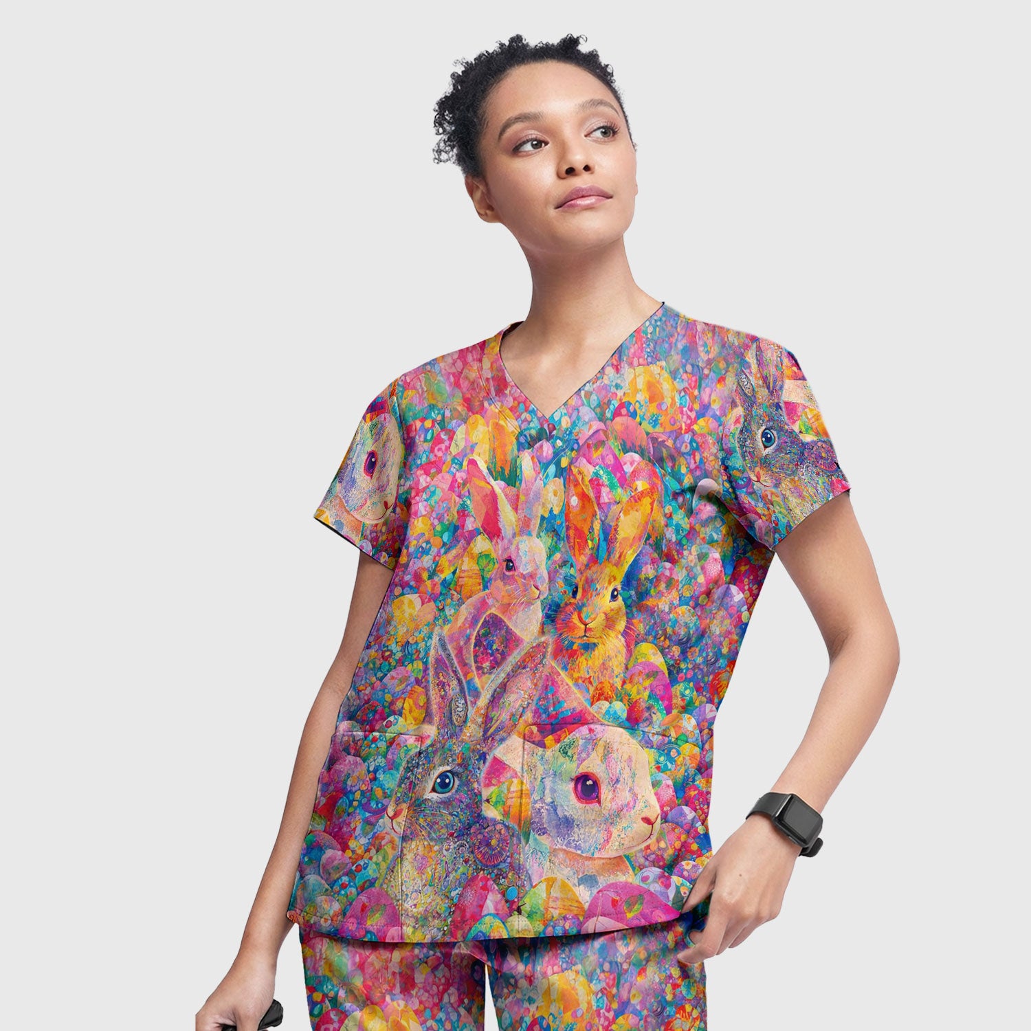 Colorful Artistic Bunny Print Women's Scrub Set, Breathable Med Uniform