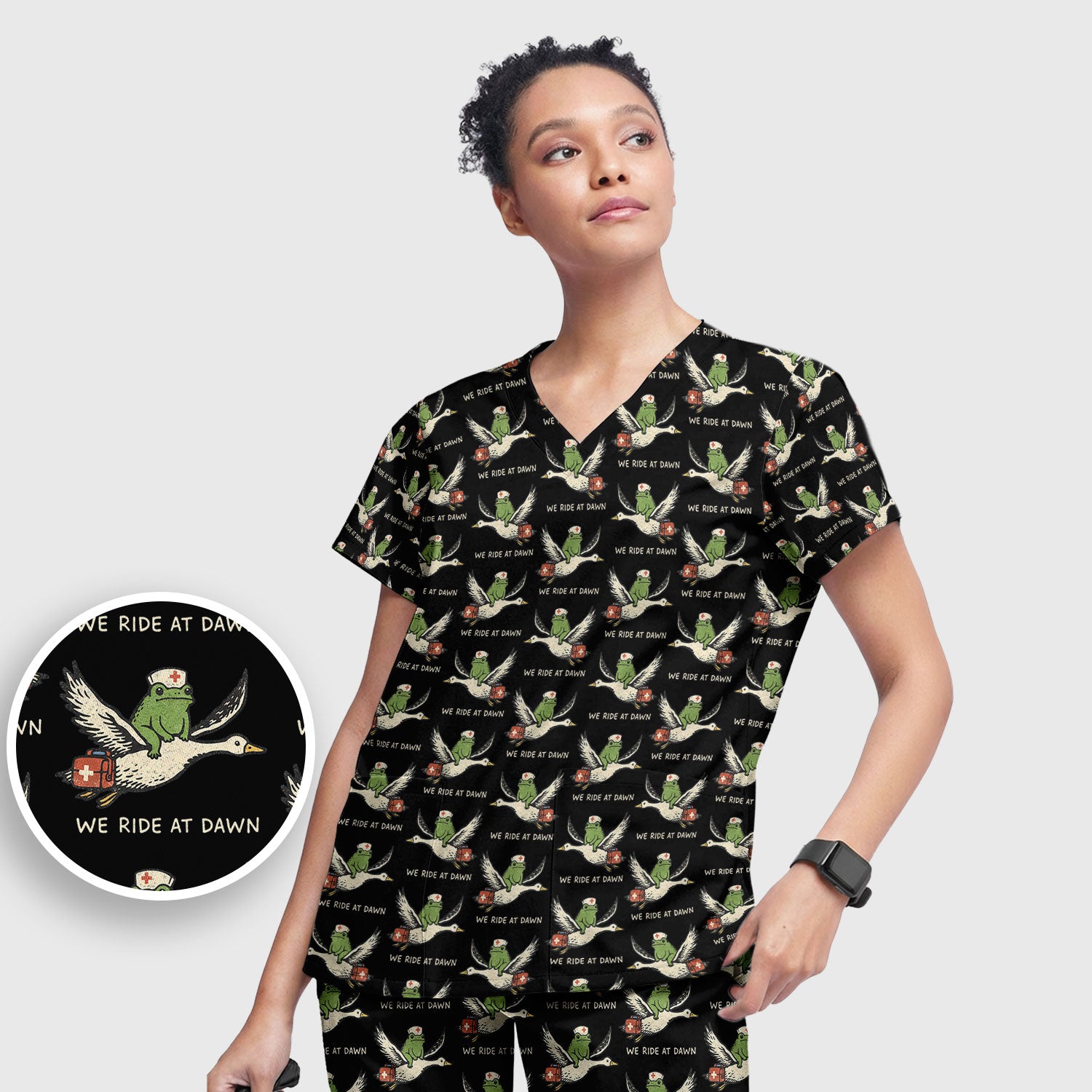 Funny Frog Riding Goose Nurse Pattern Scrub Set, Nurse Uniform Scrubs Set