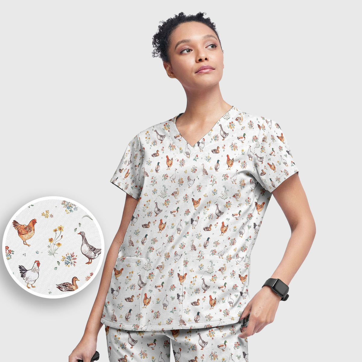 Farm Chicken Duck Floral Pattern Scrubs Sets, Scrub Pants and V Neck Top