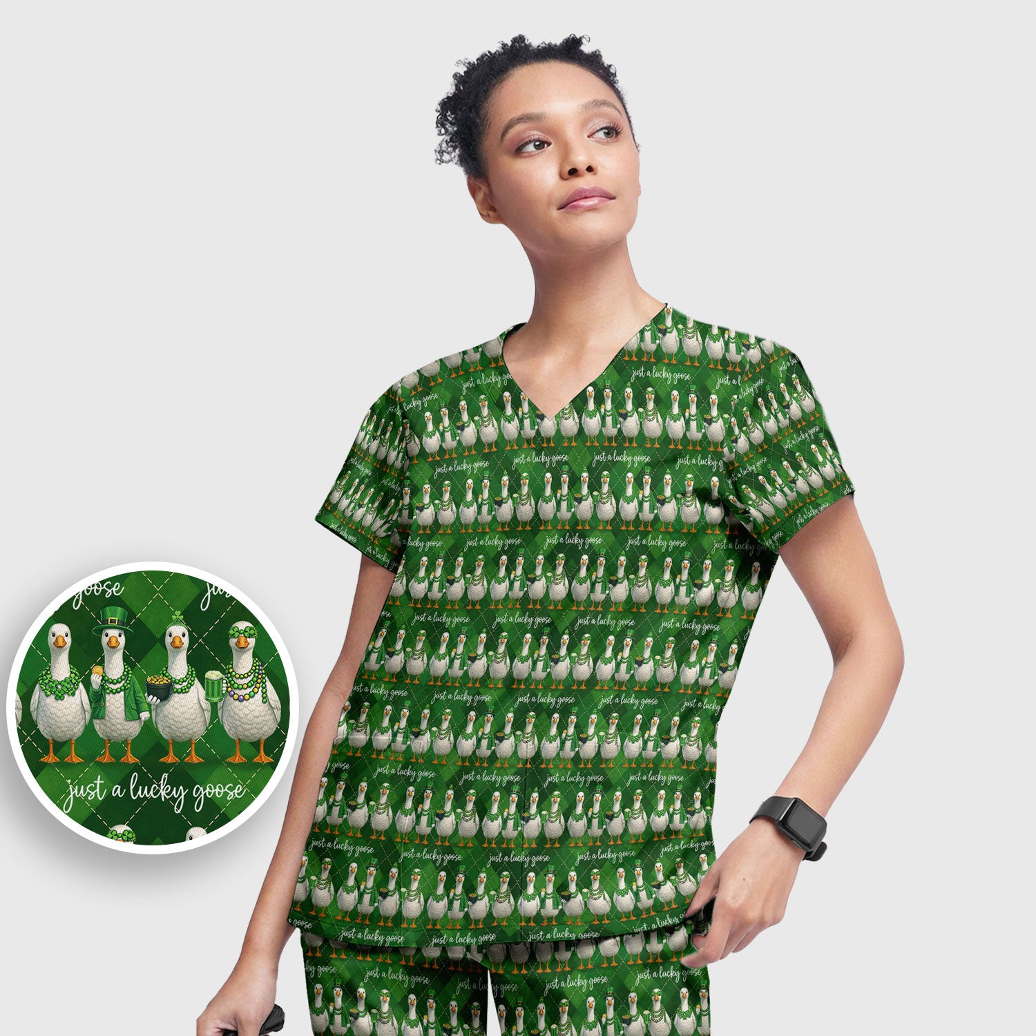 Lucky Goose St Patrick Green Argyle Print Set, Breathable Med Uniform