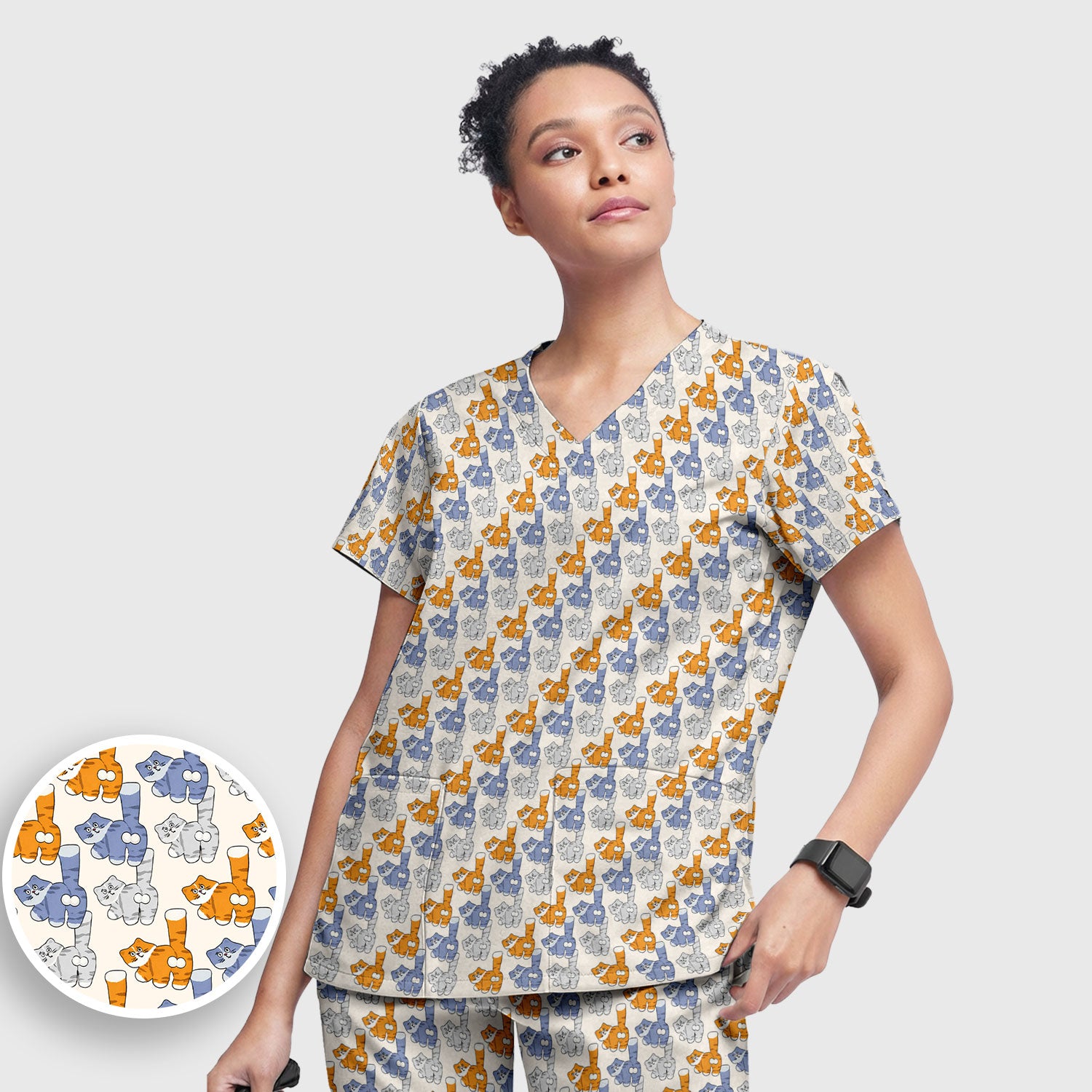 Cute Cartoon Cat Pattern Women’s Scrub Set, Breathable Med Uniform
