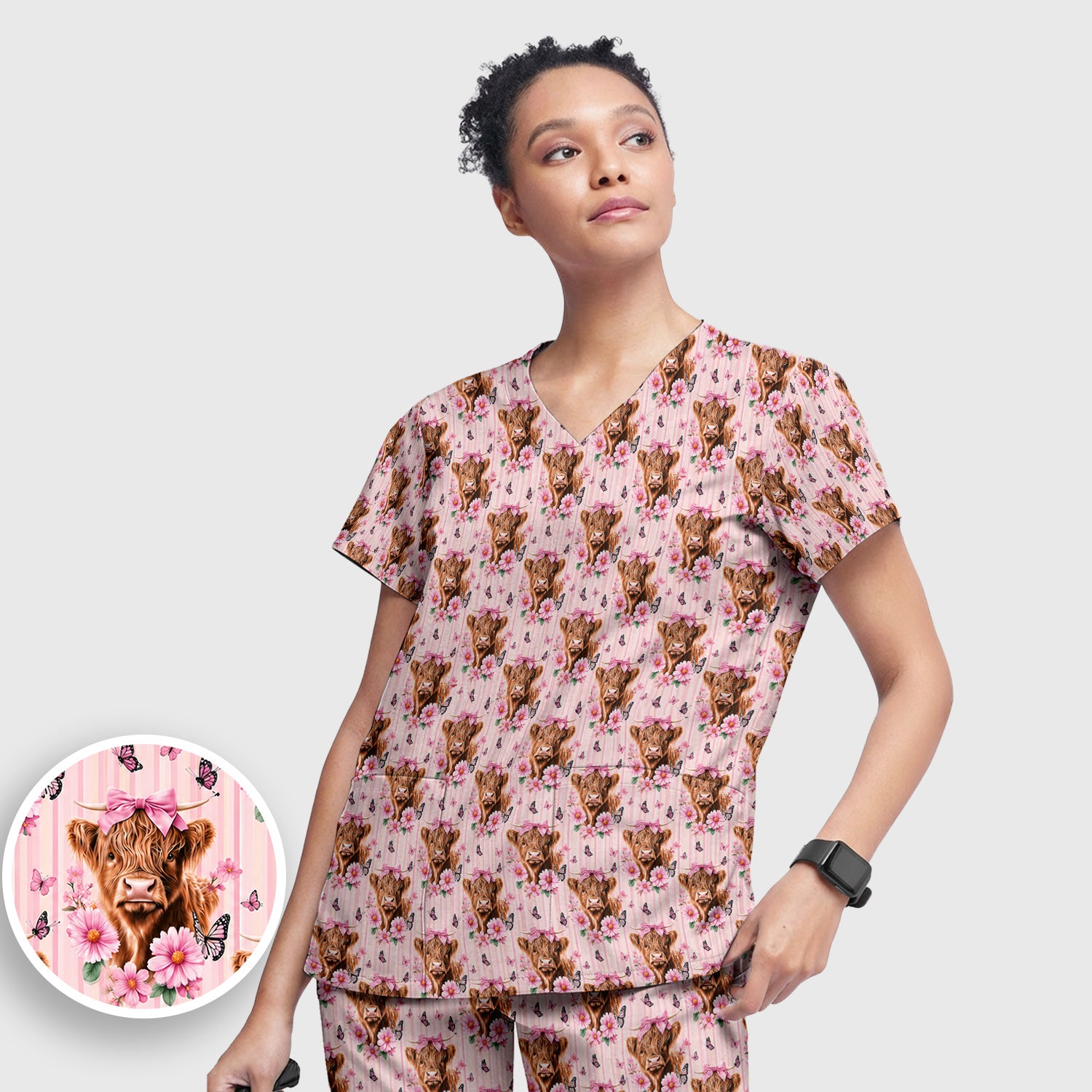 Pink Highland Cow Floral Scrub Set, Scrub Pants and V Neck Top