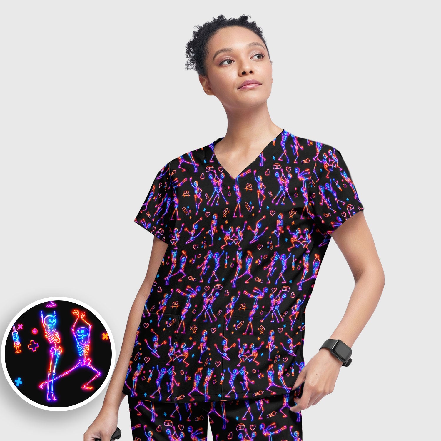 Neon Dancing Skeleton Medical Pattern Set, Scrub Pants and V Neck Top