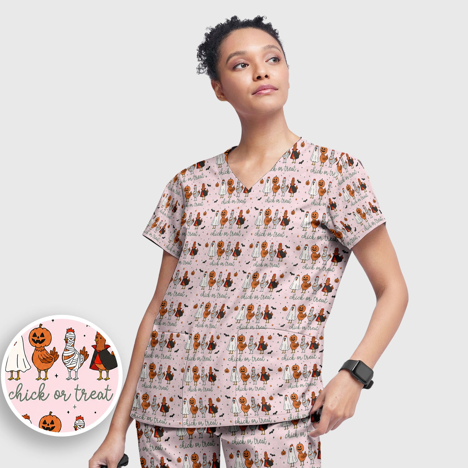 Funny Chick Or Treat Season Scrub Set, Scrub Pants and V Neck Top