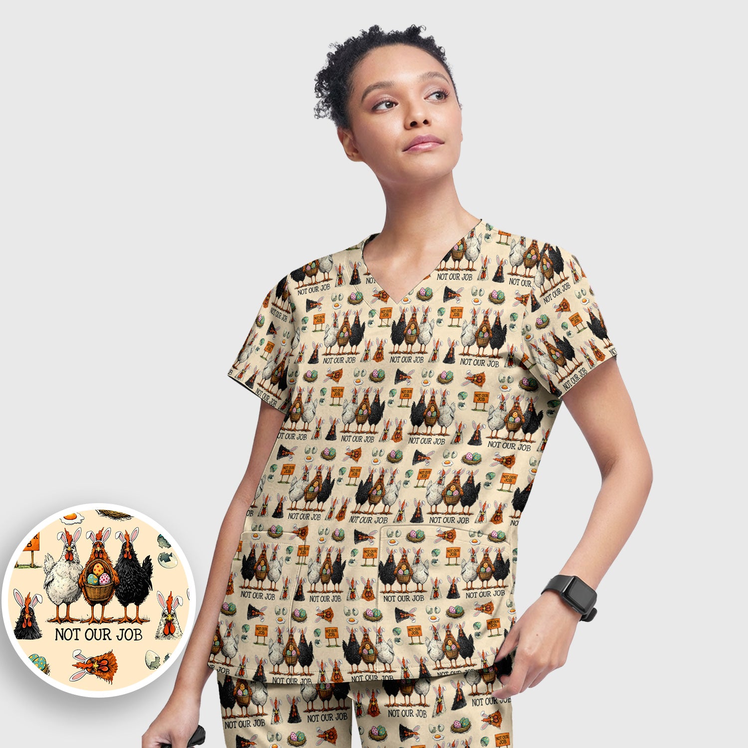 Funny Easter Chicken Humor Pattern Scrub Set, Scrub Pants and V Neck Top