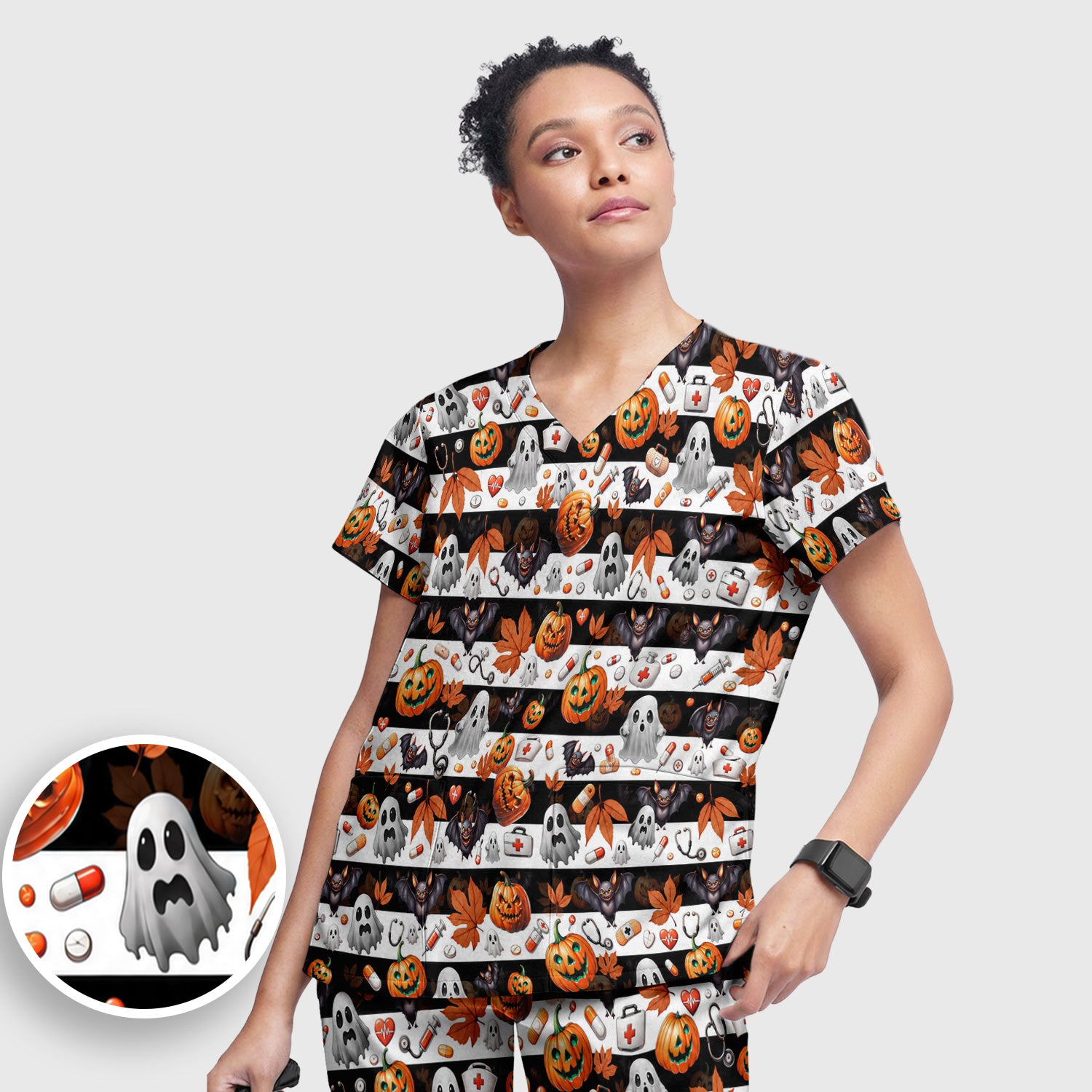 Halloween Ghost And Medical Icons Scrub Set, Scrub Pants and V Neck Top