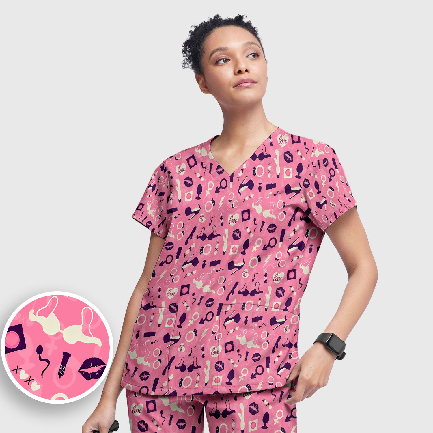 Valentine Pattern Nurse Scrub Set, Pink Love Nurse Shirt, Breathable Fabrics Nursing Uniform