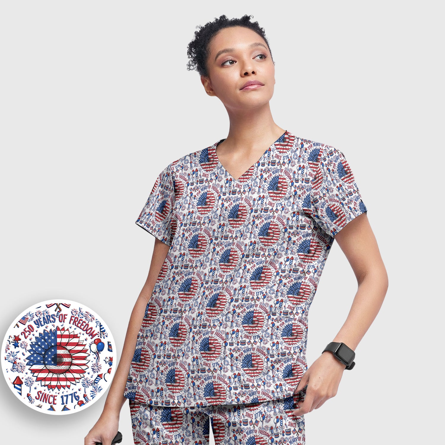 Festive Patriotic Sunflower American Flag Fireworks Pattern Scrub Set, Breathable Med Uniform