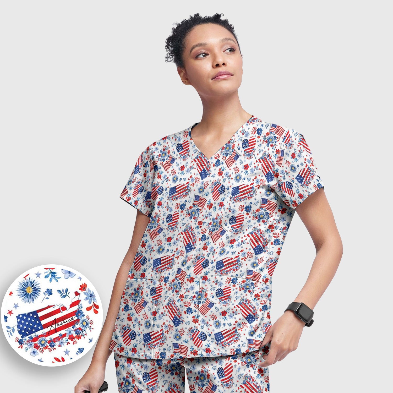 Festive American Flag Heart Floral Pattern Scrub Set, Scrub Pants and V Neck Top