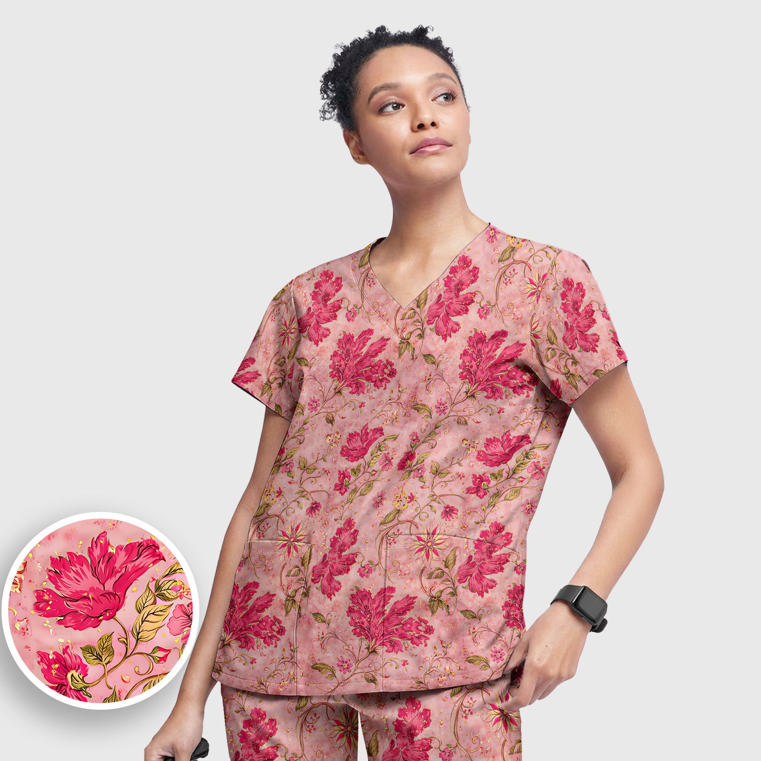 Elegant Pink Floral Vine Pattern Scrub Set, Women's Scrub Sets